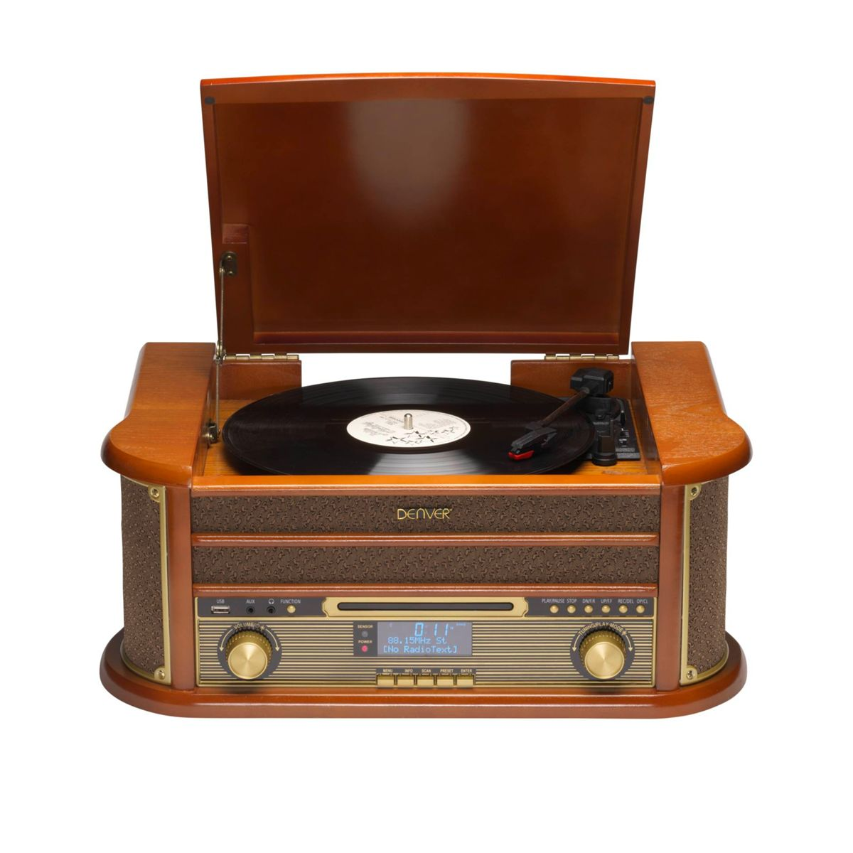Houten vintage platenspeler. Witte achtergrond.