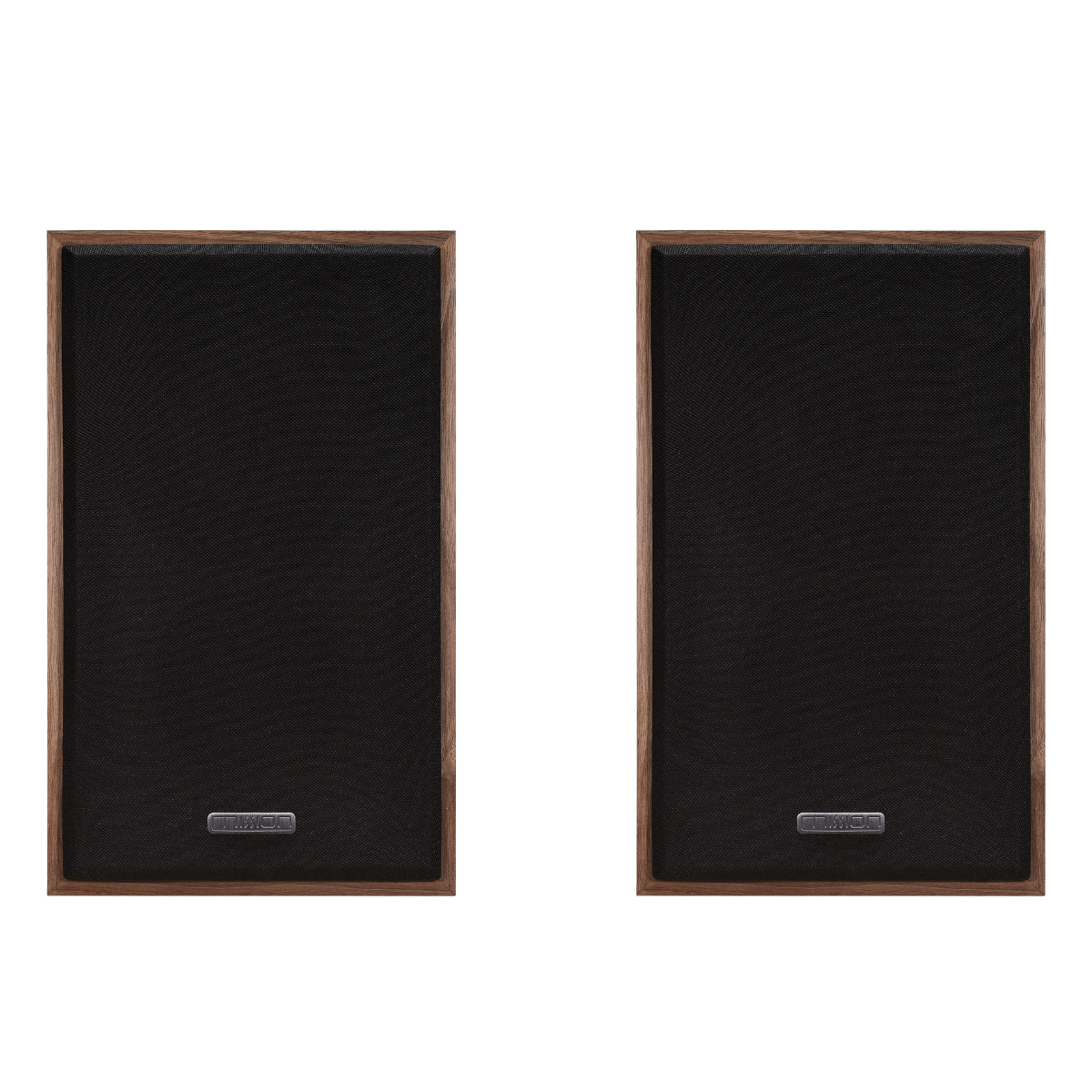 Two black speakers with wooden frames. They are in front of a white background.