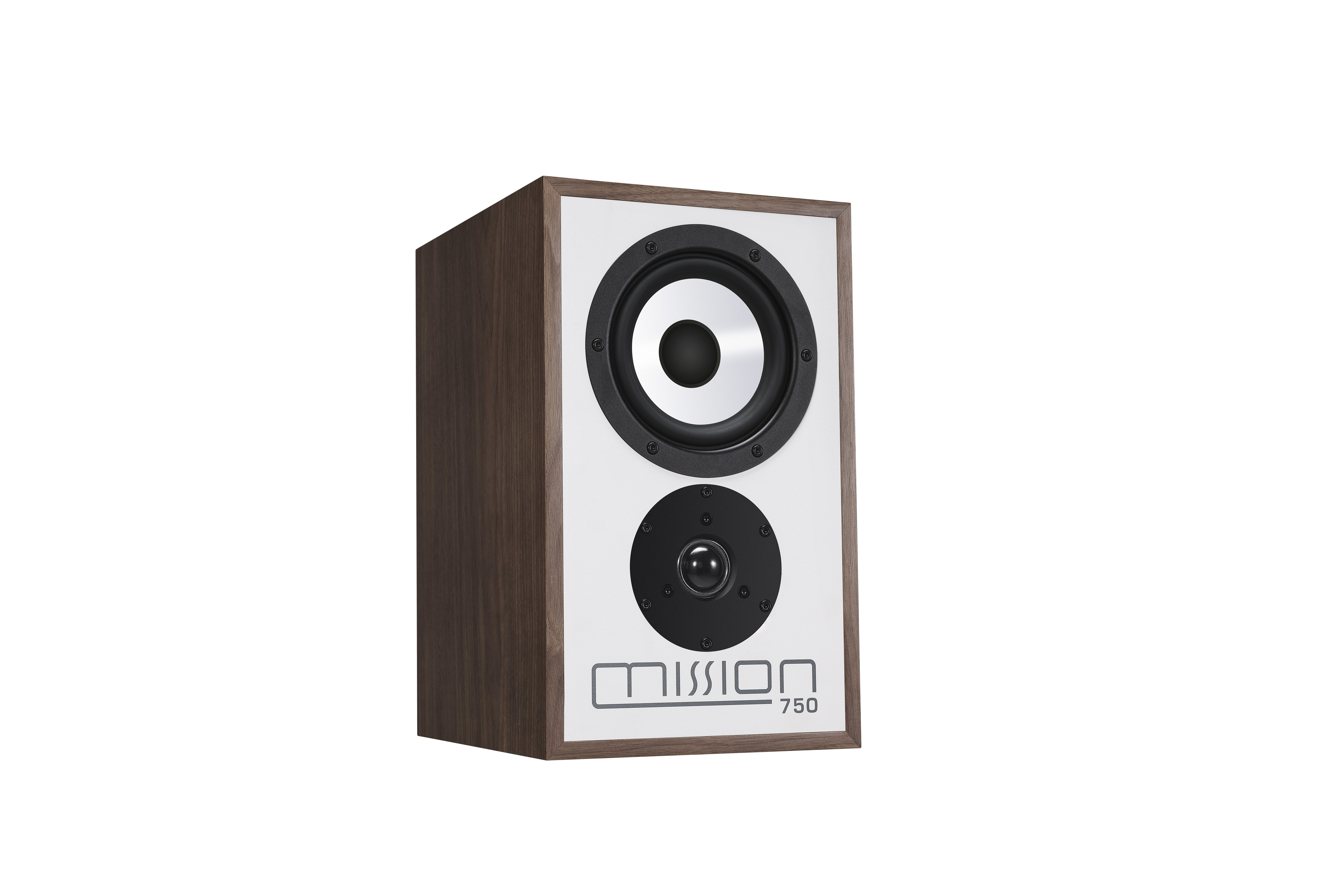 A white and brown speaker with a black speaker cone, white background. Mission 750 logo.