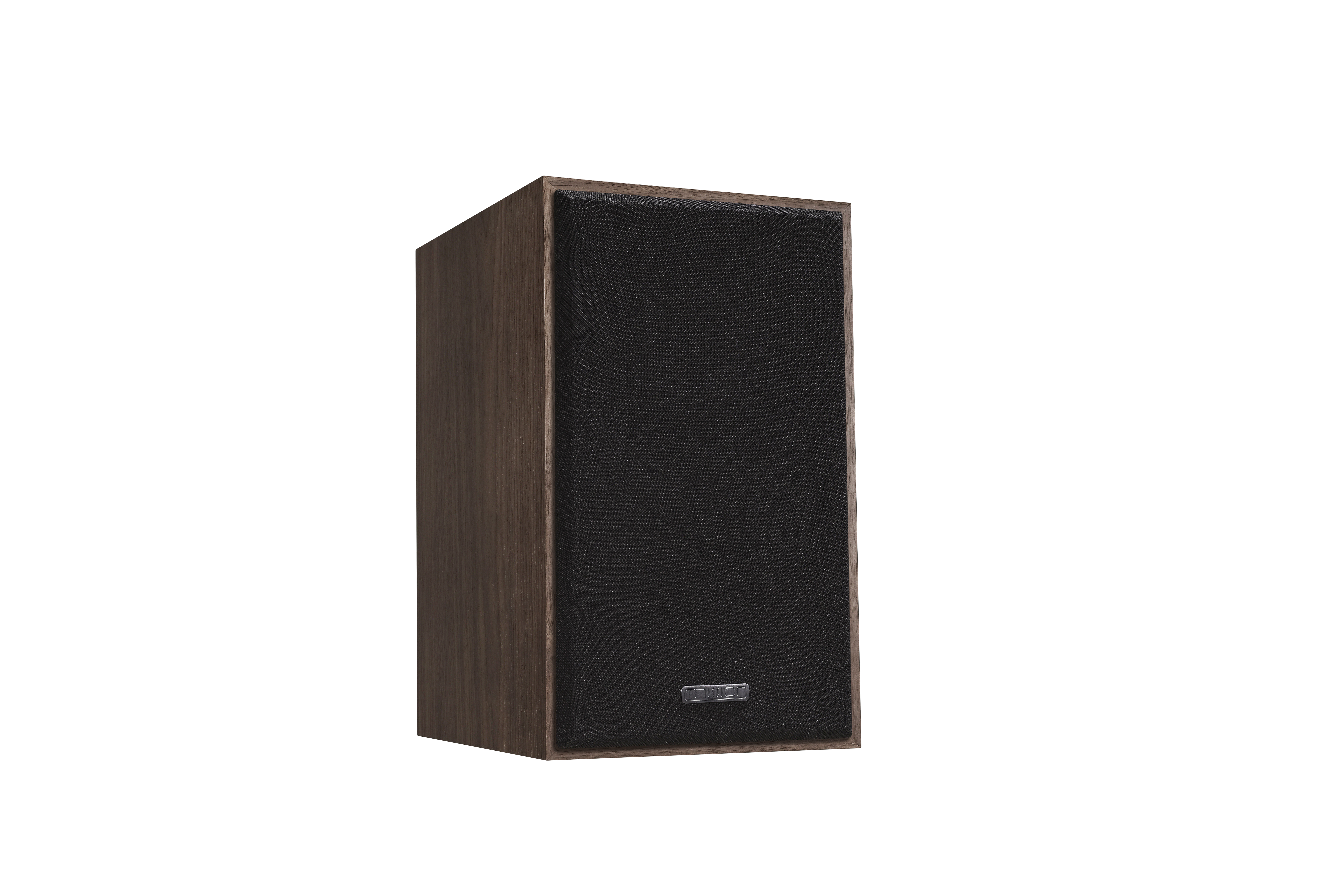 A small wooden speaker, black speaker cloth, against a white background.