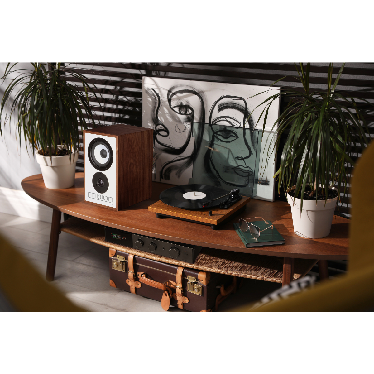 Wooden table with stereo and turntable, plants, artwork.