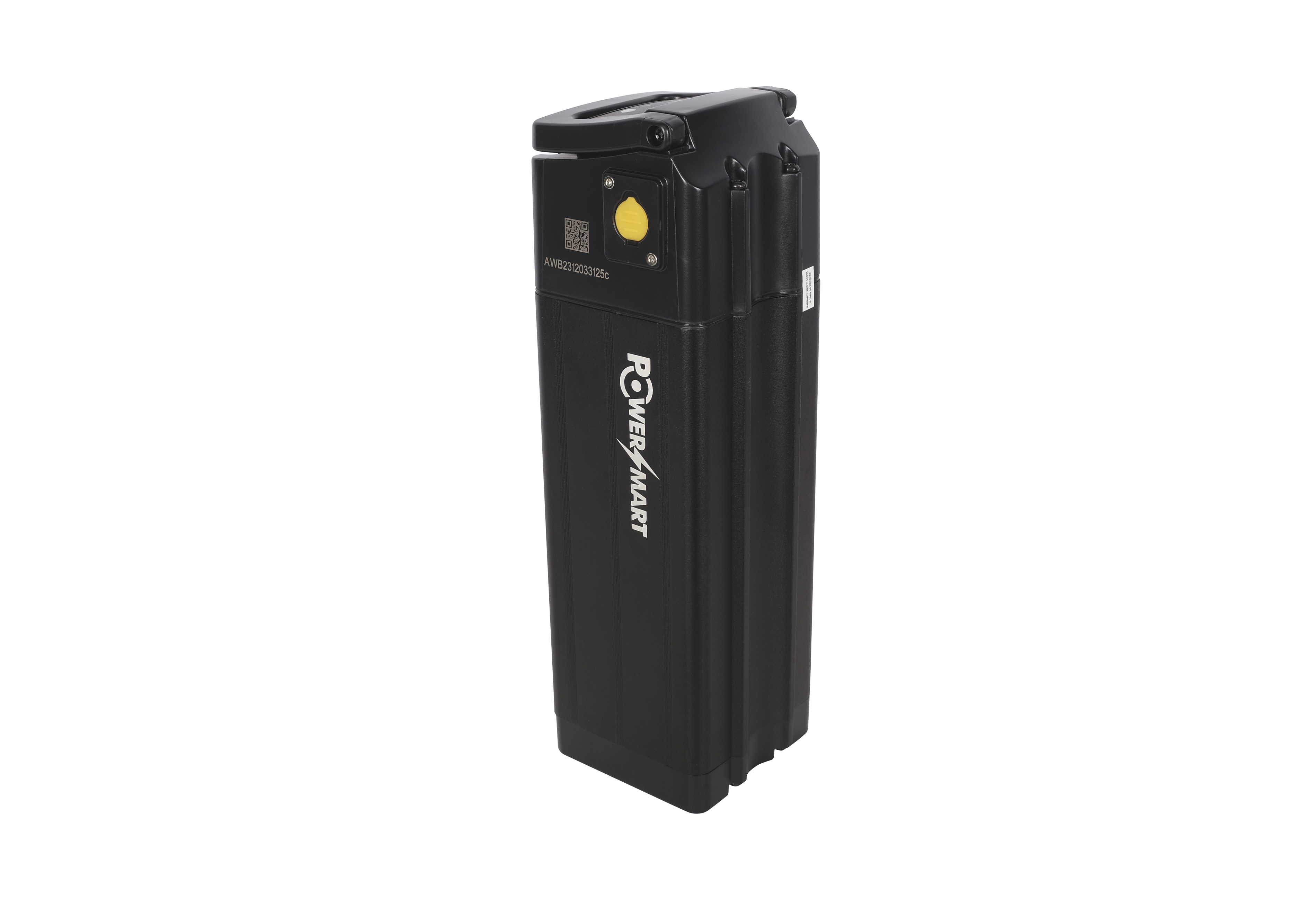 Schwarze PowerSmart Batterie, rechteckige Form, mit PowerSmart Logo, weißer Hintergrund.