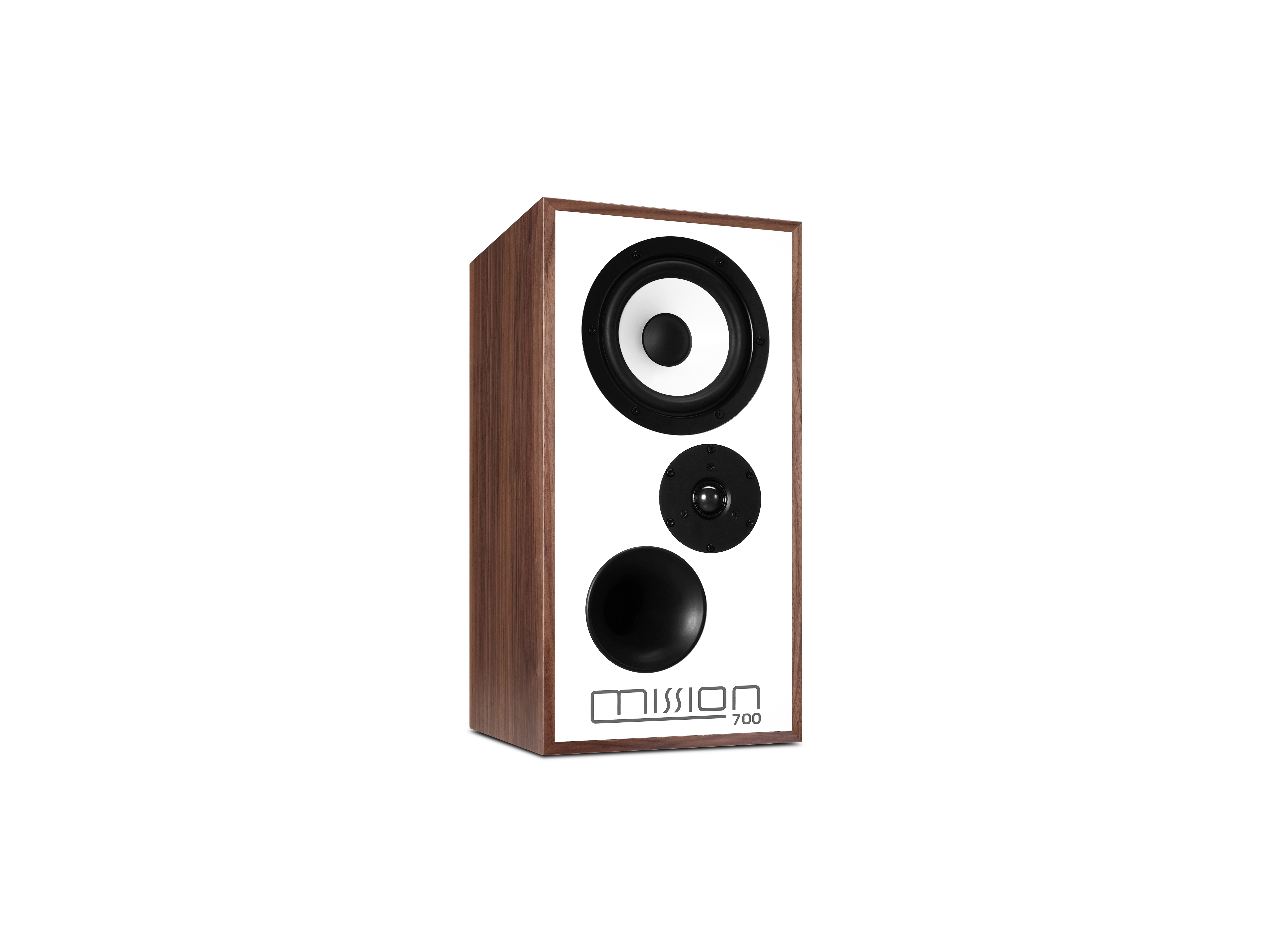 Bruine luidspreker met een wit voorpaneel. Zwarte tweeter en woofer. Het merk is Mission.