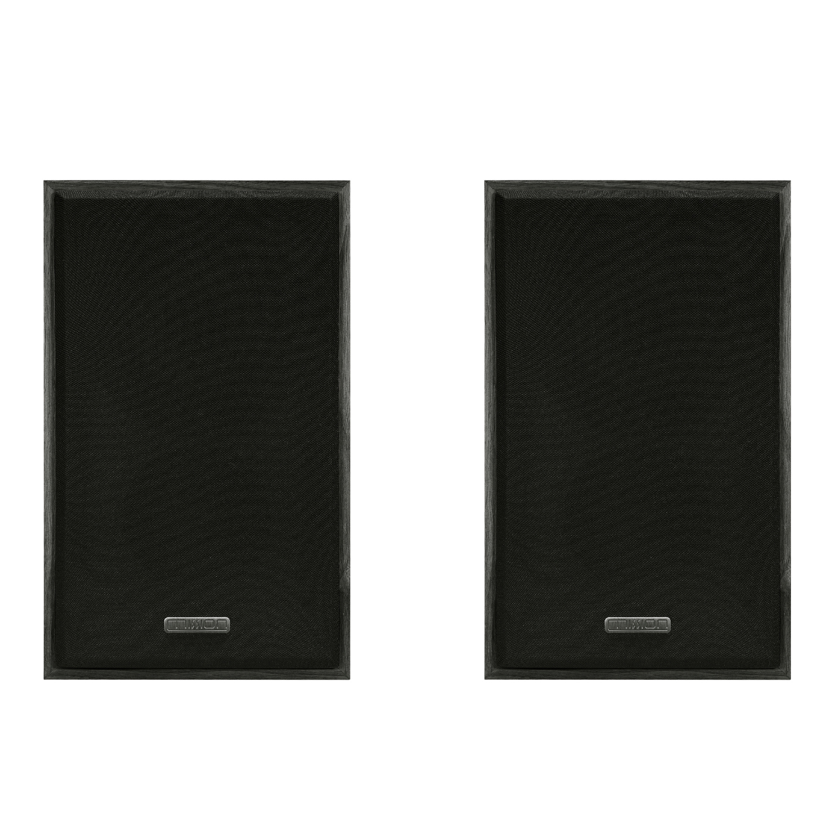 Two black rectangular speakers with mesh covers. Each has a silver logo at the bottom.