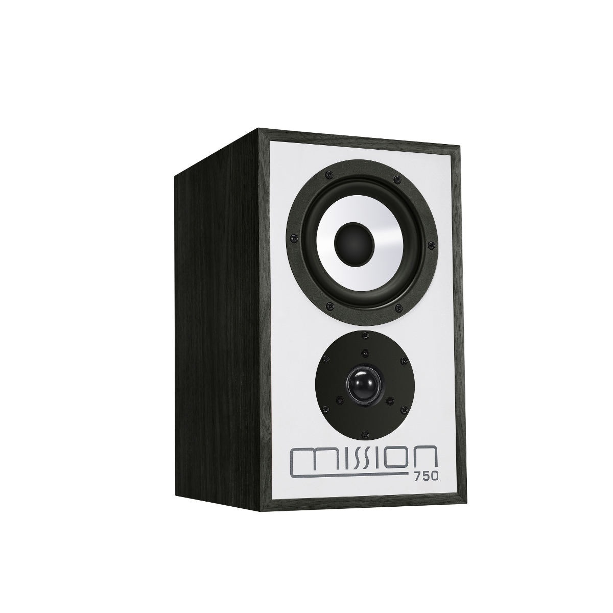 A black and white Mission 750 speaker on a white background.