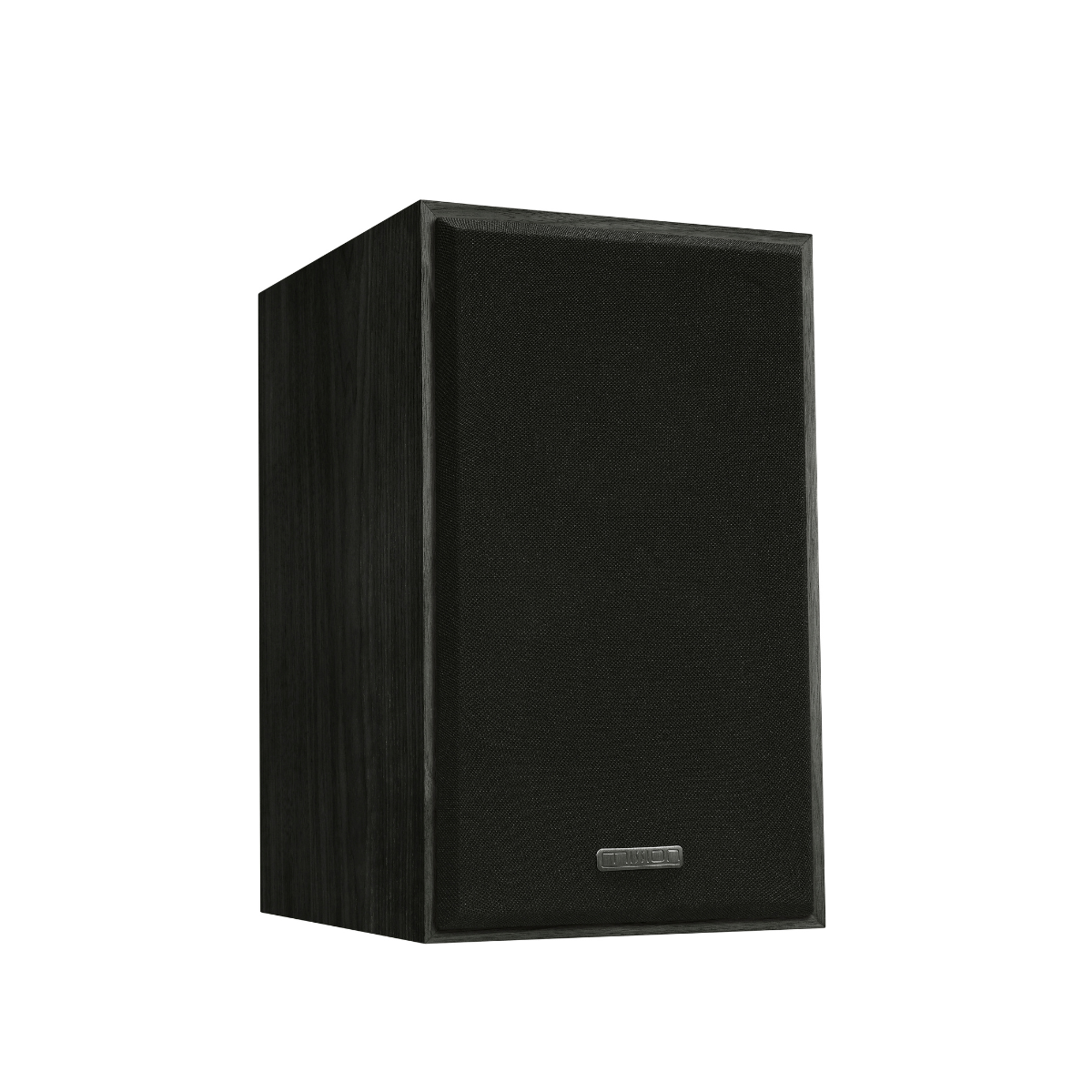 Black speaker with wooden sides.
