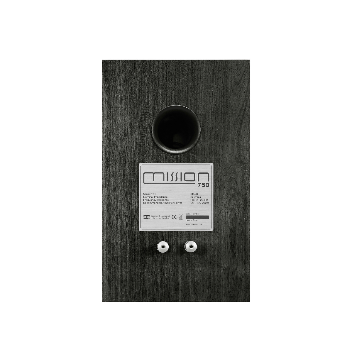 Wooden speaker back with label and speaker terminals.