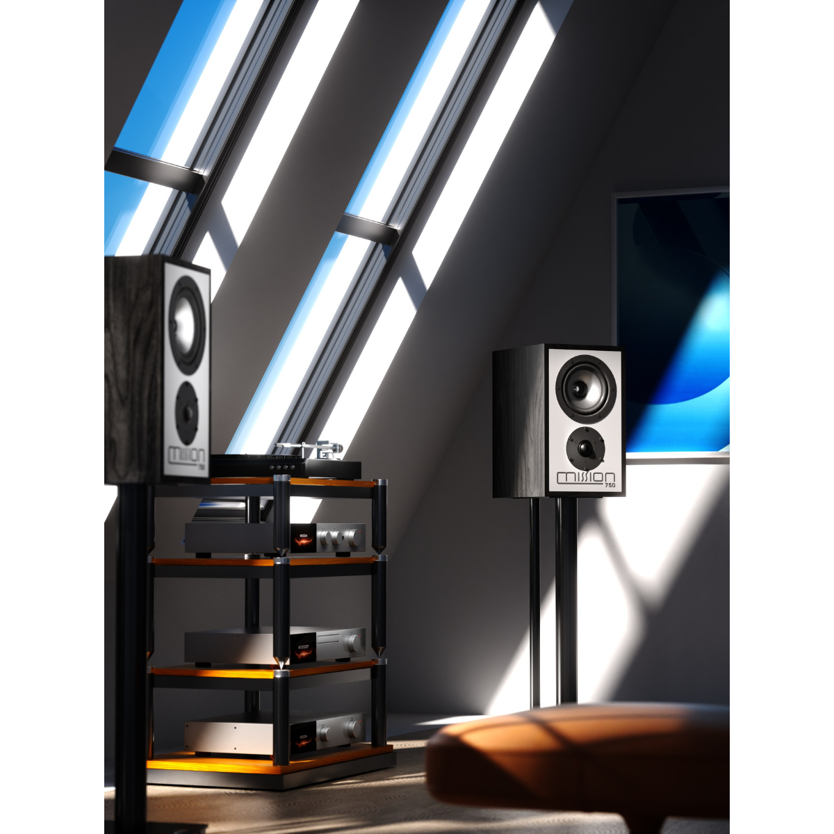 Speakers in room. Wooden speaker. Stereo equipment. Bright, window lit, room.