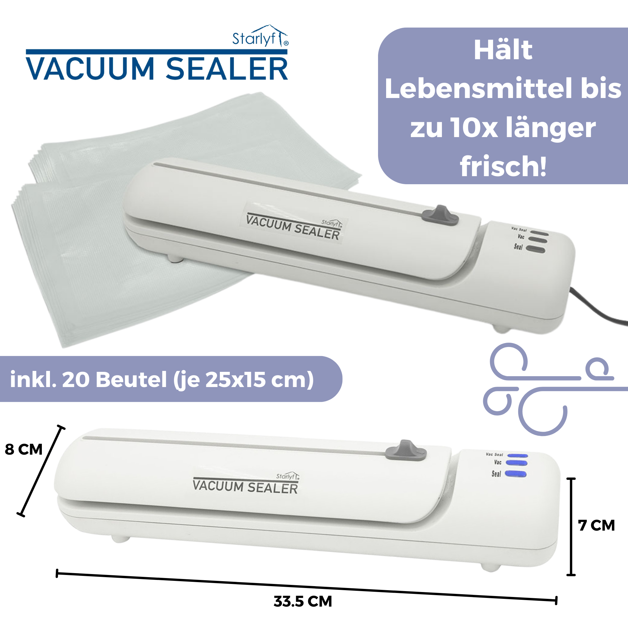 Vakuumiergerät mit Beuteln. Text: 'Hält Lebensmittel bis zu 10x länger frisch'. Maße für das Gerät gezeigt.