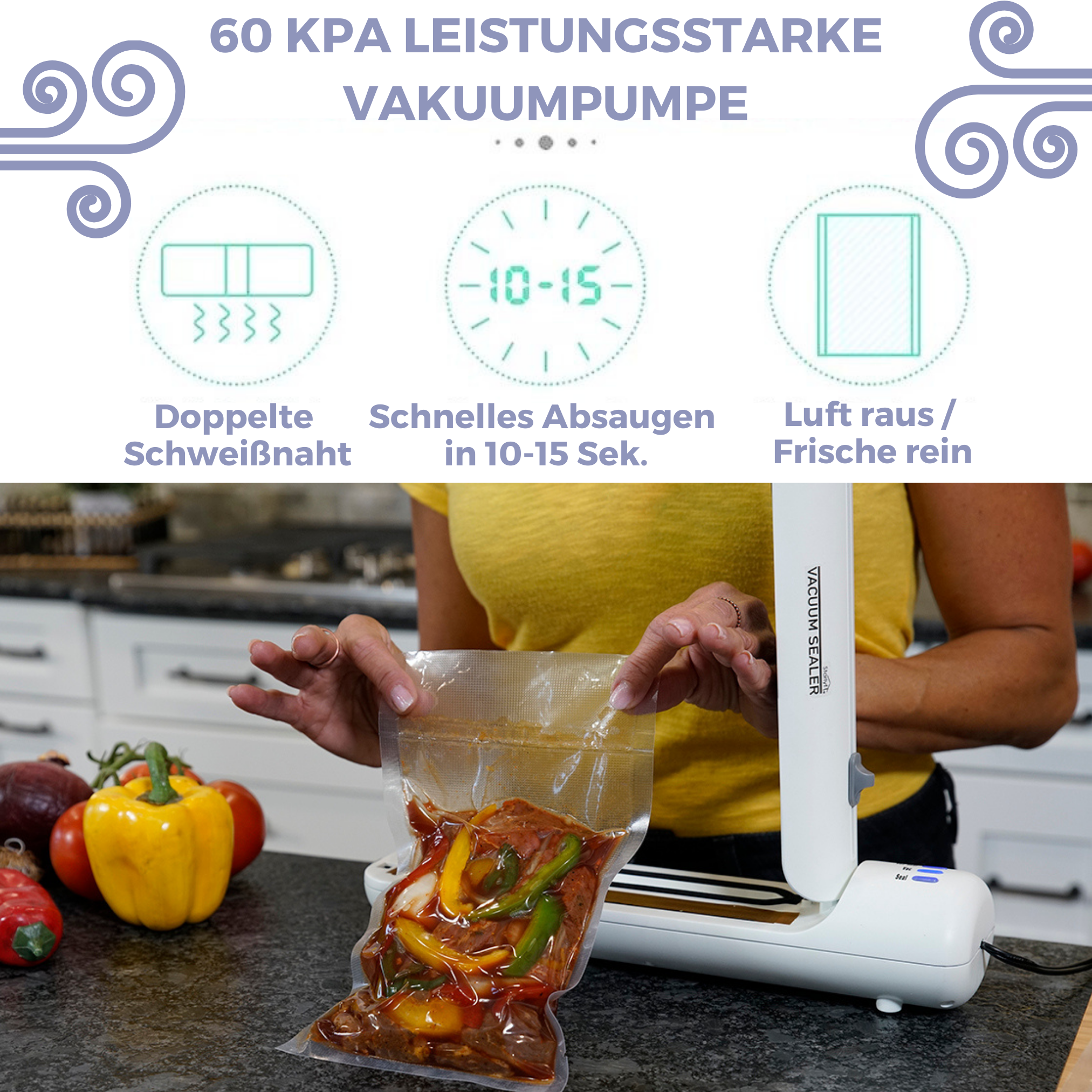 Eine Frau versiegelt einen Beutel mit Essen mit einem Vakuumierer, mit Textüberlagerungen.