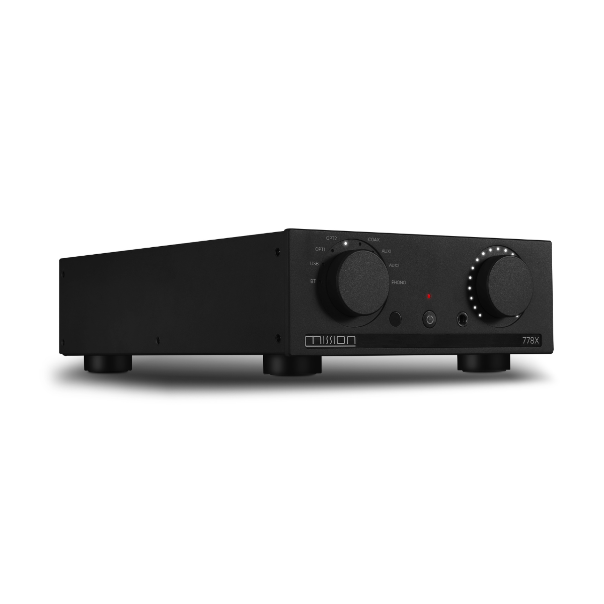 Black amplifier with controls on a black background. The word MISSION is visible.