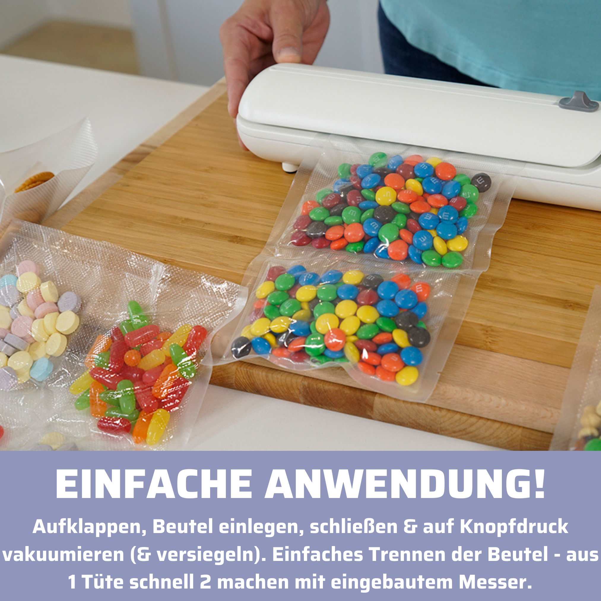 Ein Vakuumiergerät mit Tüten voller bunter Süßigkeiten und Gebrauchsanweisung.