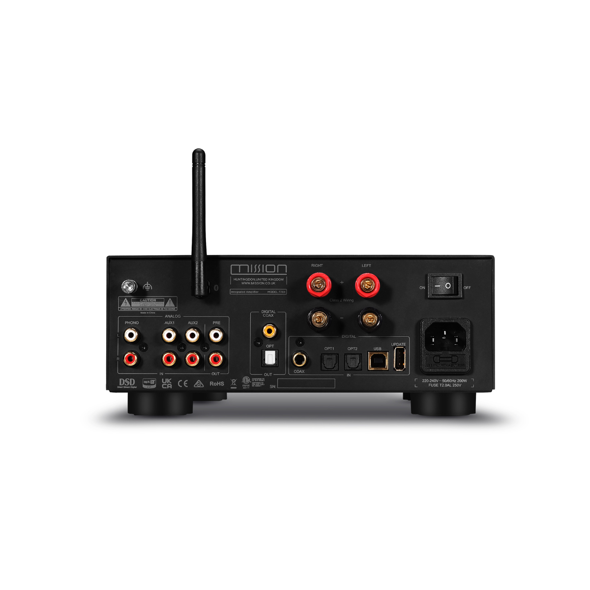 Black audio amplifier with various ports and a power button. Antenna on the left side.
