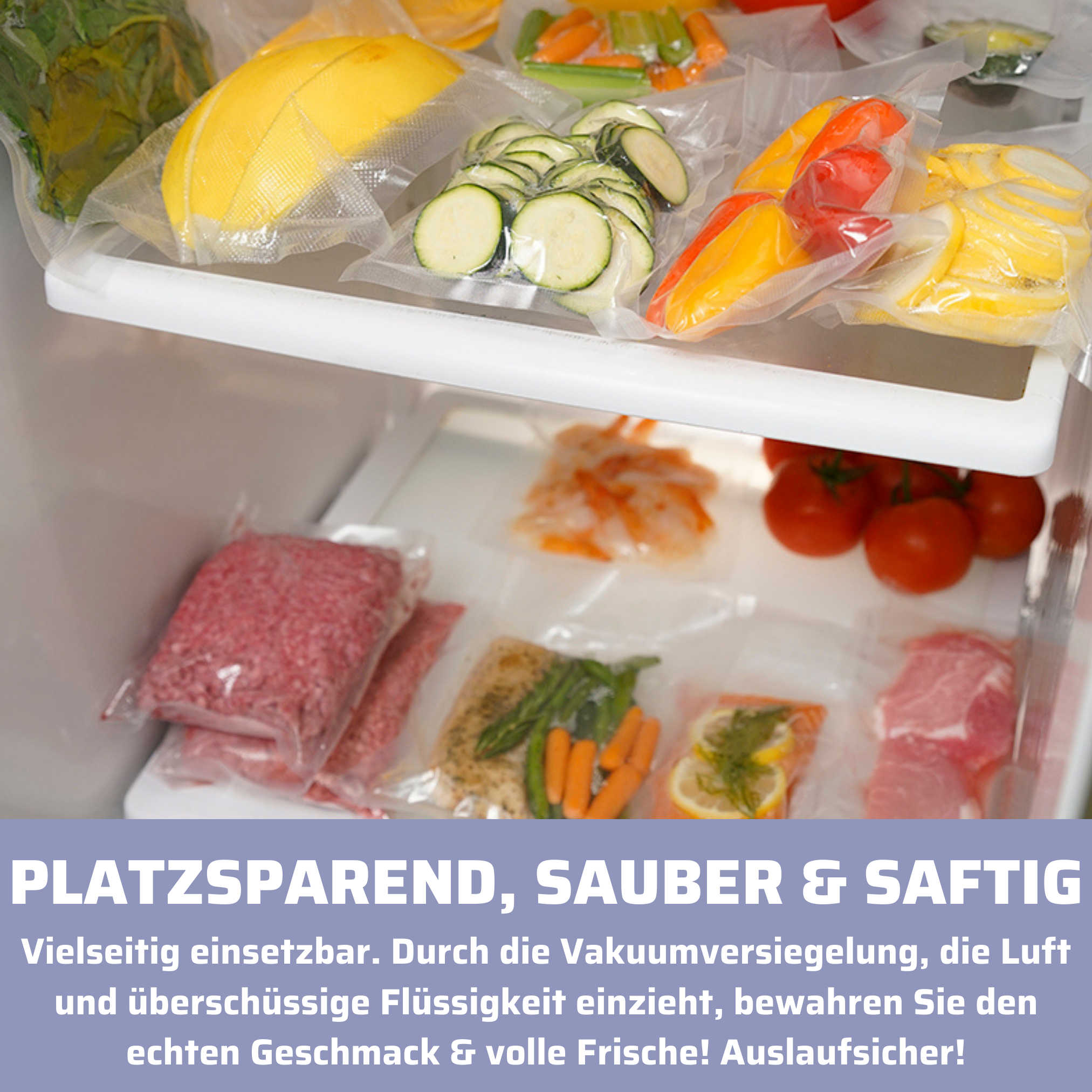 Kühlschrank mit vakuumversiegelten Lebensmitteln. Gemüse und Fleisch. Text auf Deutsch.