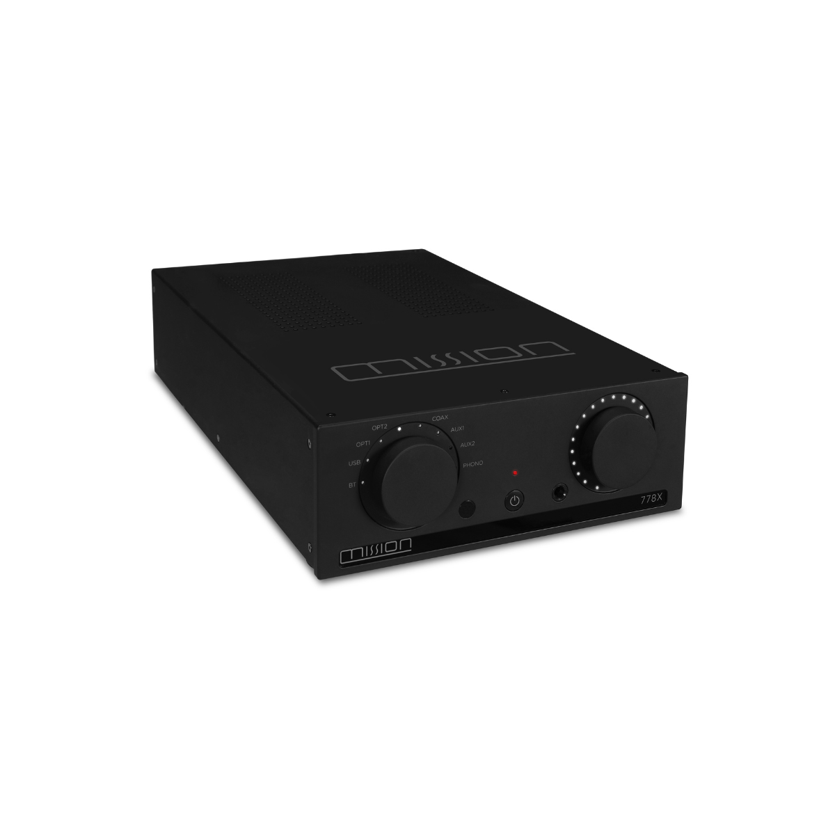 Black audio amplifier with knobs.