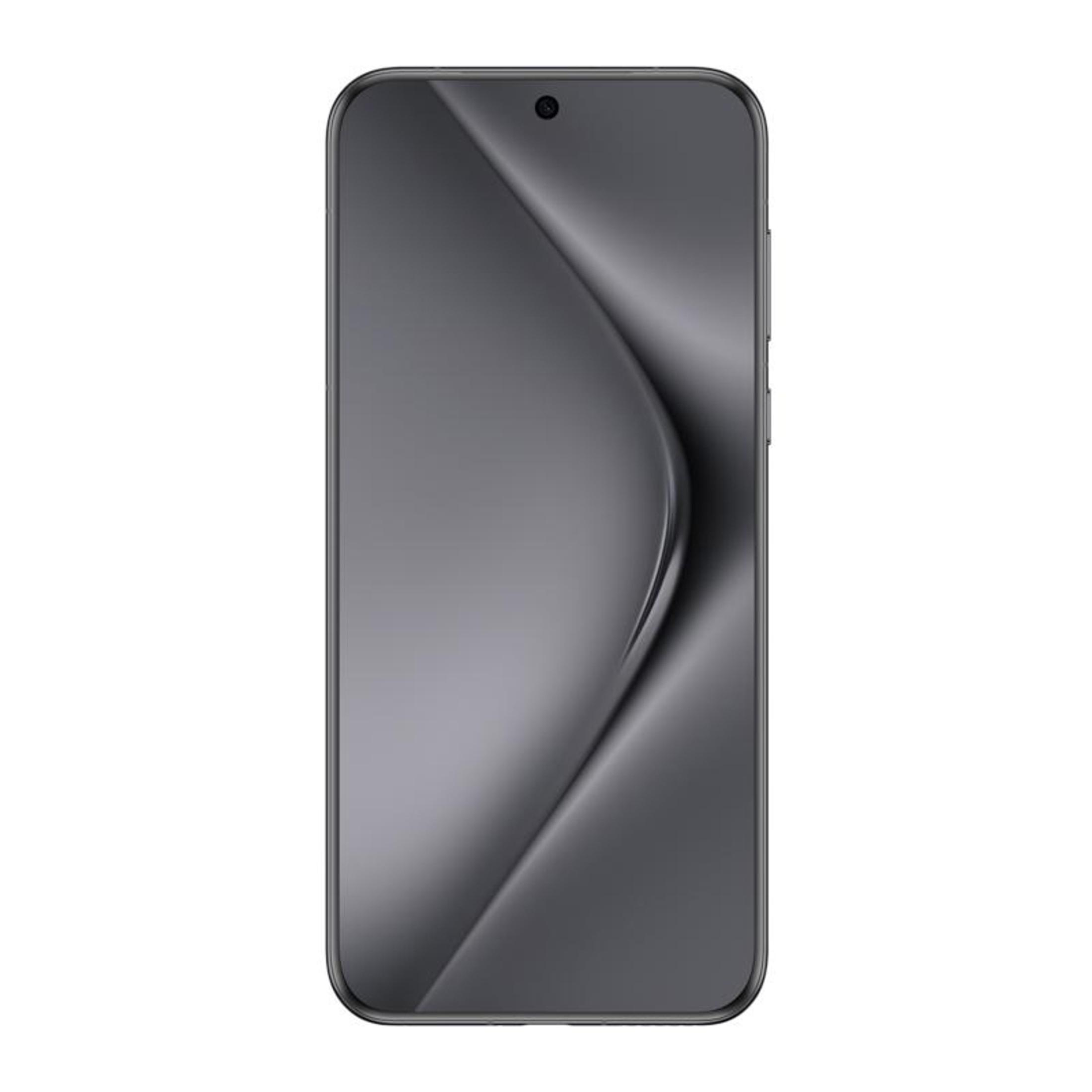 Ein dunkelgraues Smartphone mit gebogenem Bildschirm und Kameraausschnitt, vor hellgrauem Hintergrund.