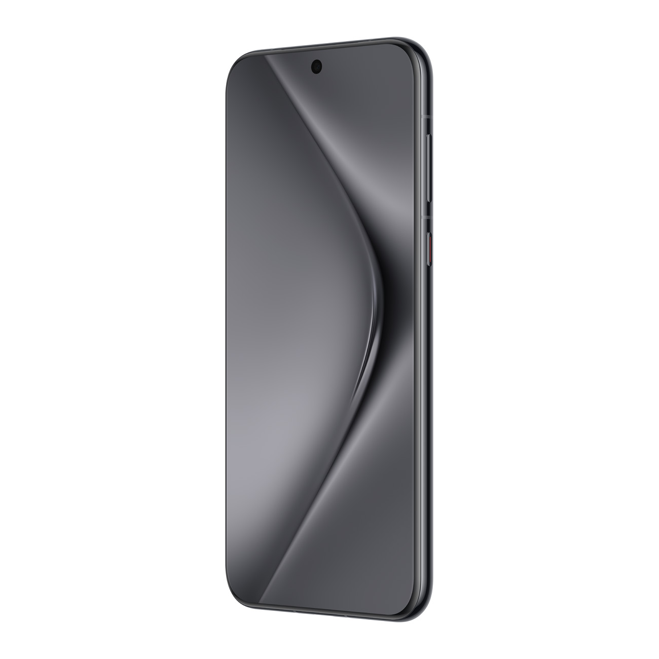 Schwarzes Smartphone, gebogenes Display, Seitenansicht. Schwarzer Rahmen, Glasfront.