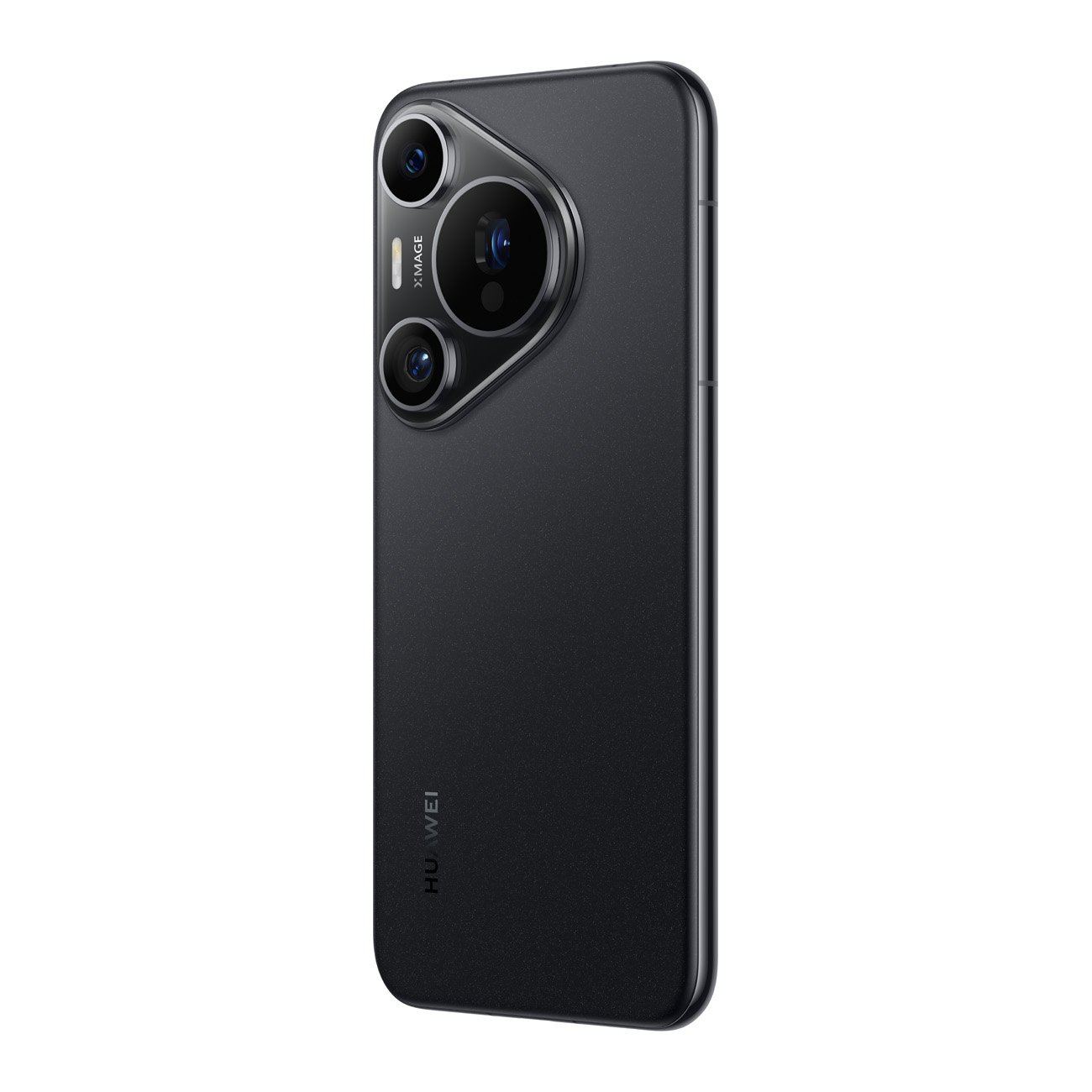 Schwarzes Huawei-Telefon mit drei Kameras. Hintergrund: eine weiße Oberfläche.