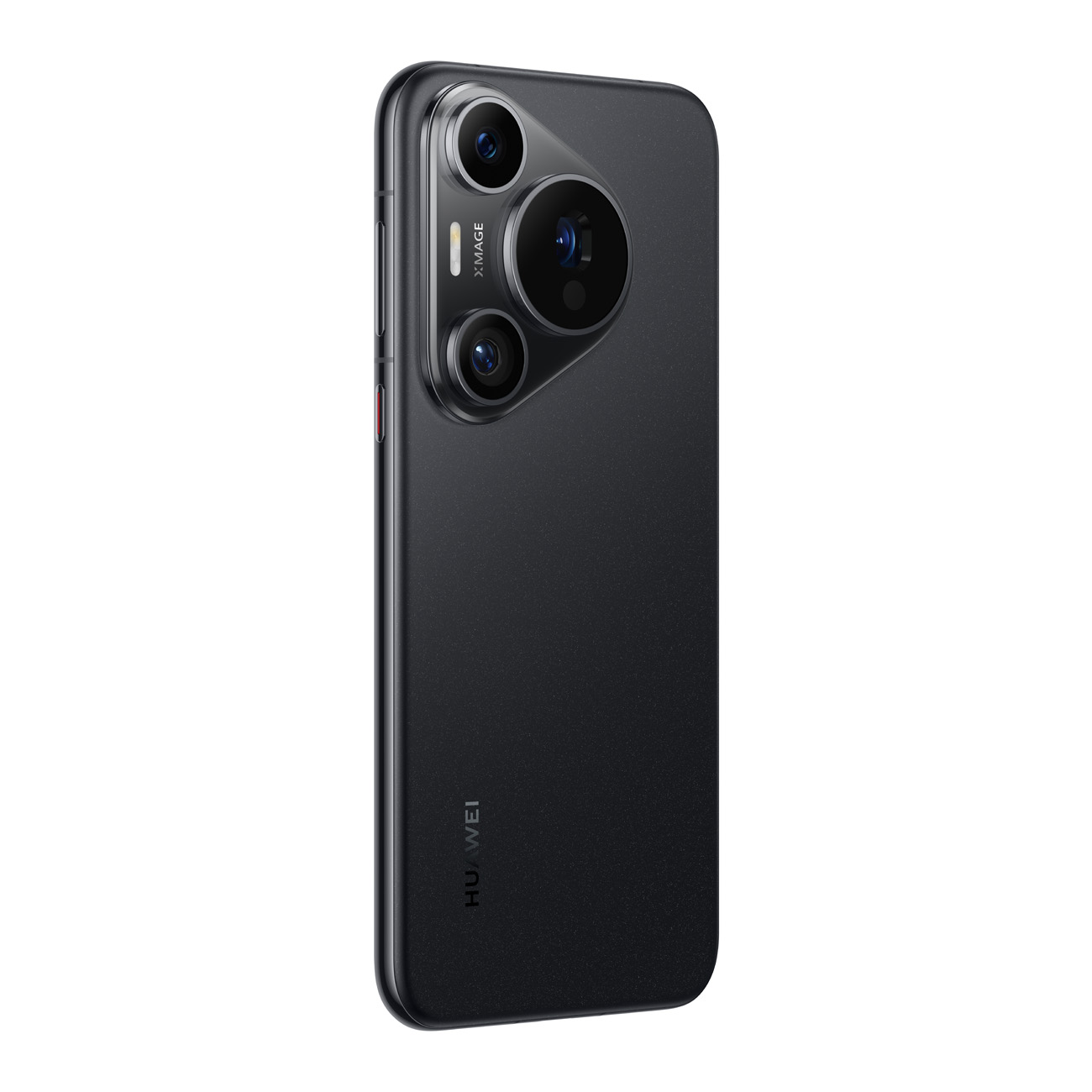 Schwarzes Telefon mit drei Kameras. Huawei-Logo. Weißer Hintergrund.