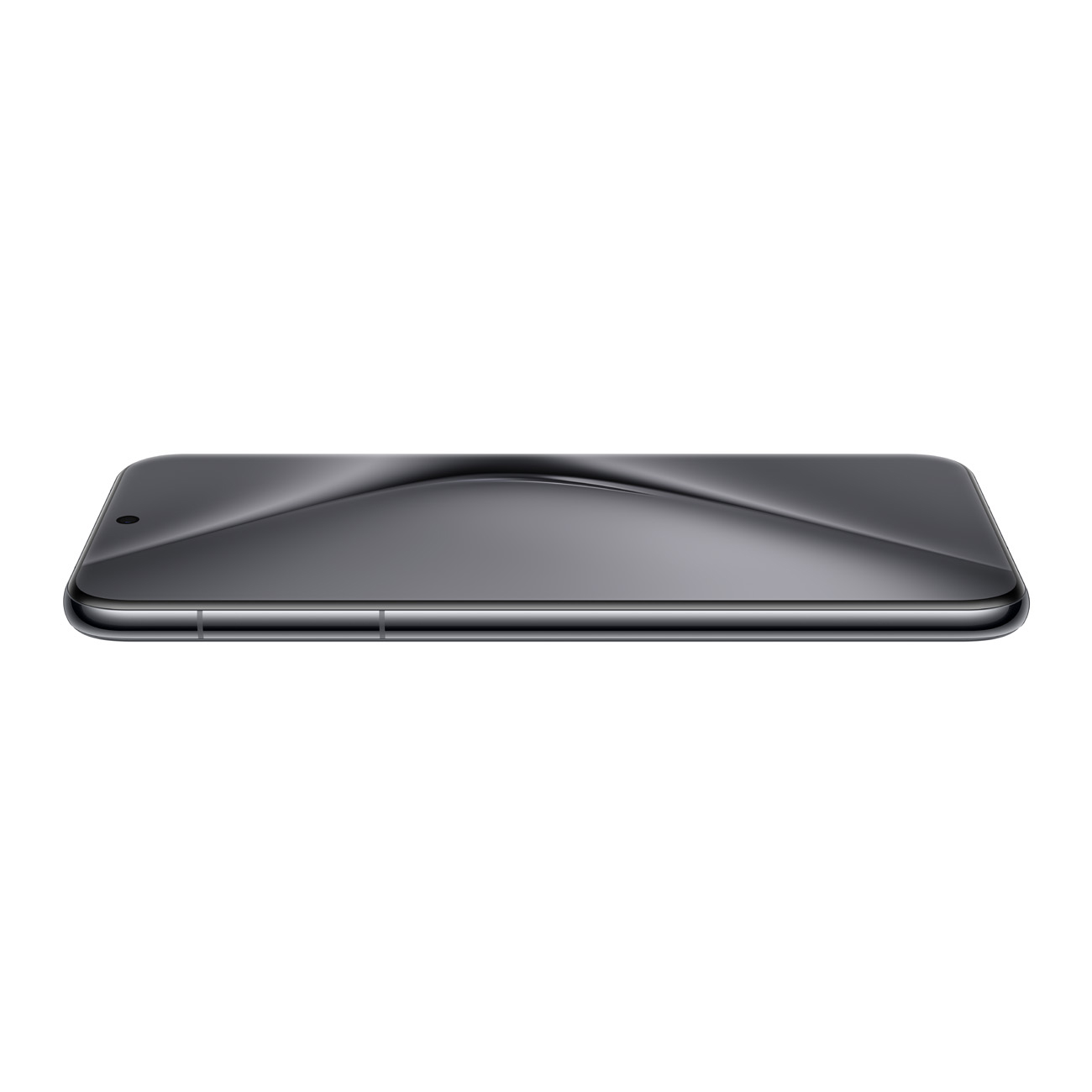 Schwarzes Smartphone. Schlankes Design, flache Oberfläche. Angesicht, das Seitenprofil zeigend.