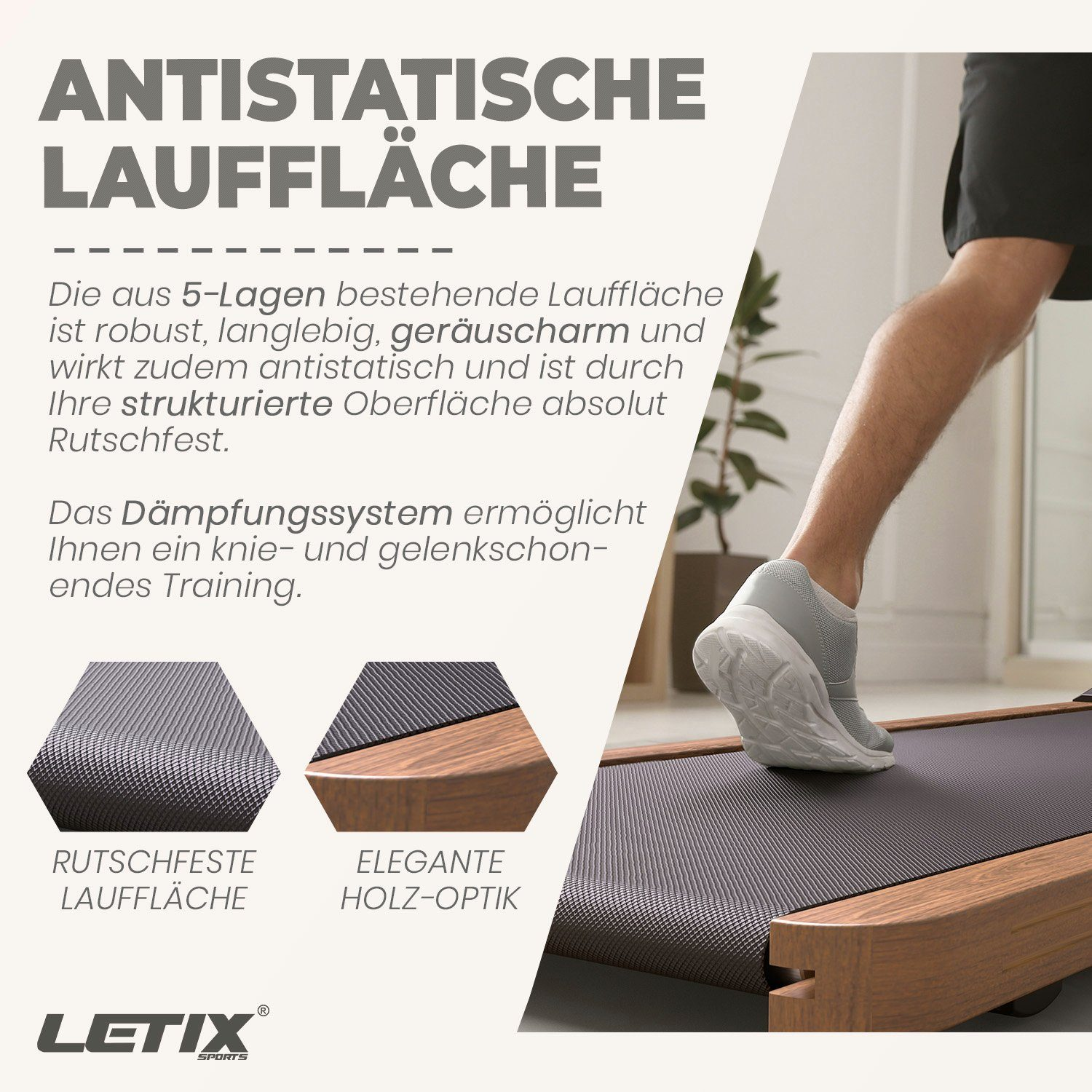 Eine Person geht auf einem Laufband. Das Laufband hat eine strukturierte, dunkle Oberfläche und Holzseiten.