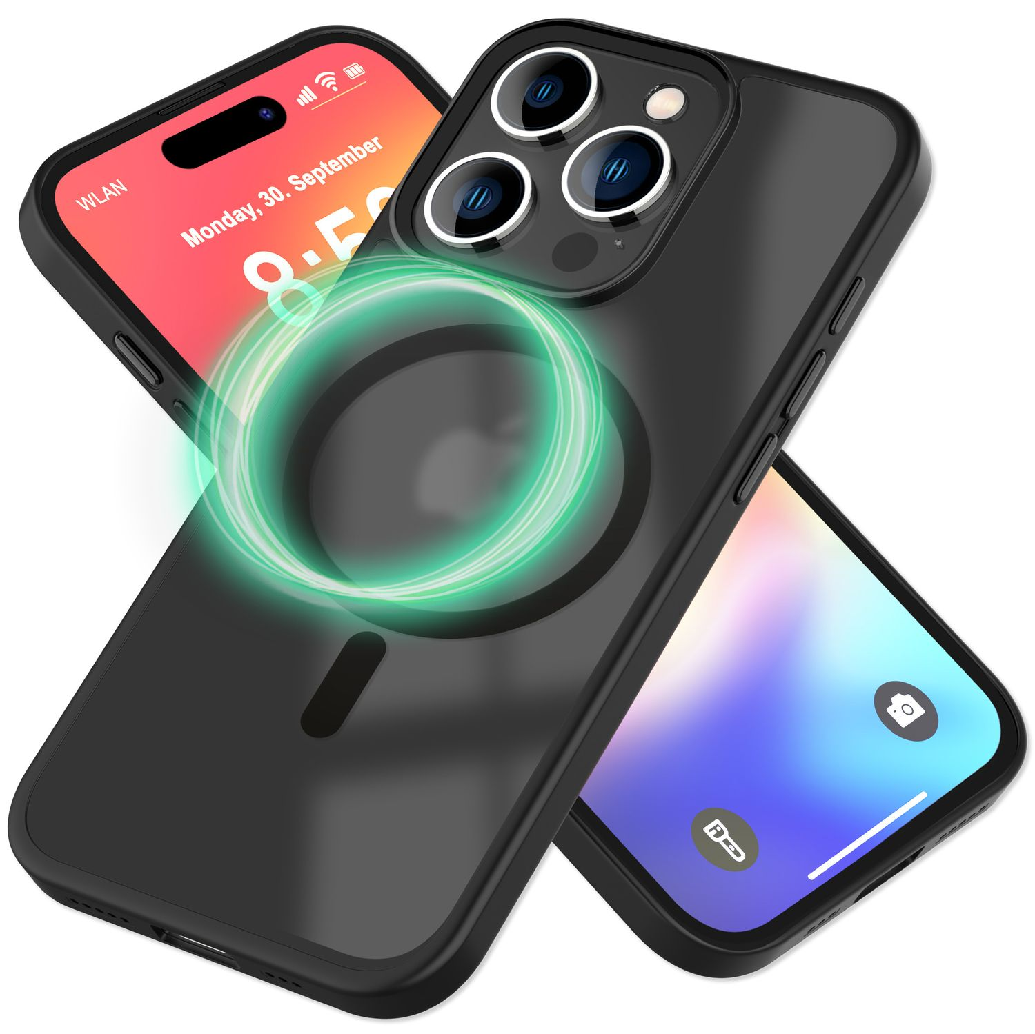 Schwarze Handyhülle mit einem magnetischen Kreis auf der Rückseite und ein Telefon mit eingeschaltetem Bildschirm.