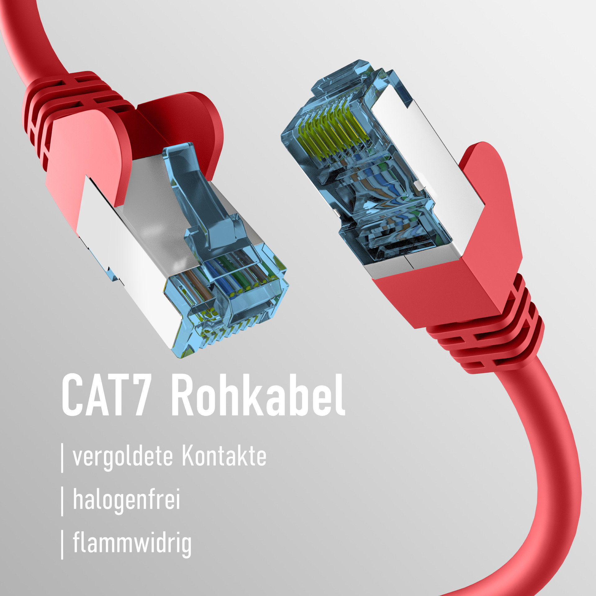 Rotes CAT7 Ethernet-Kabel mit vergoldeten Steckern und Text über Halogenfreiheit.
