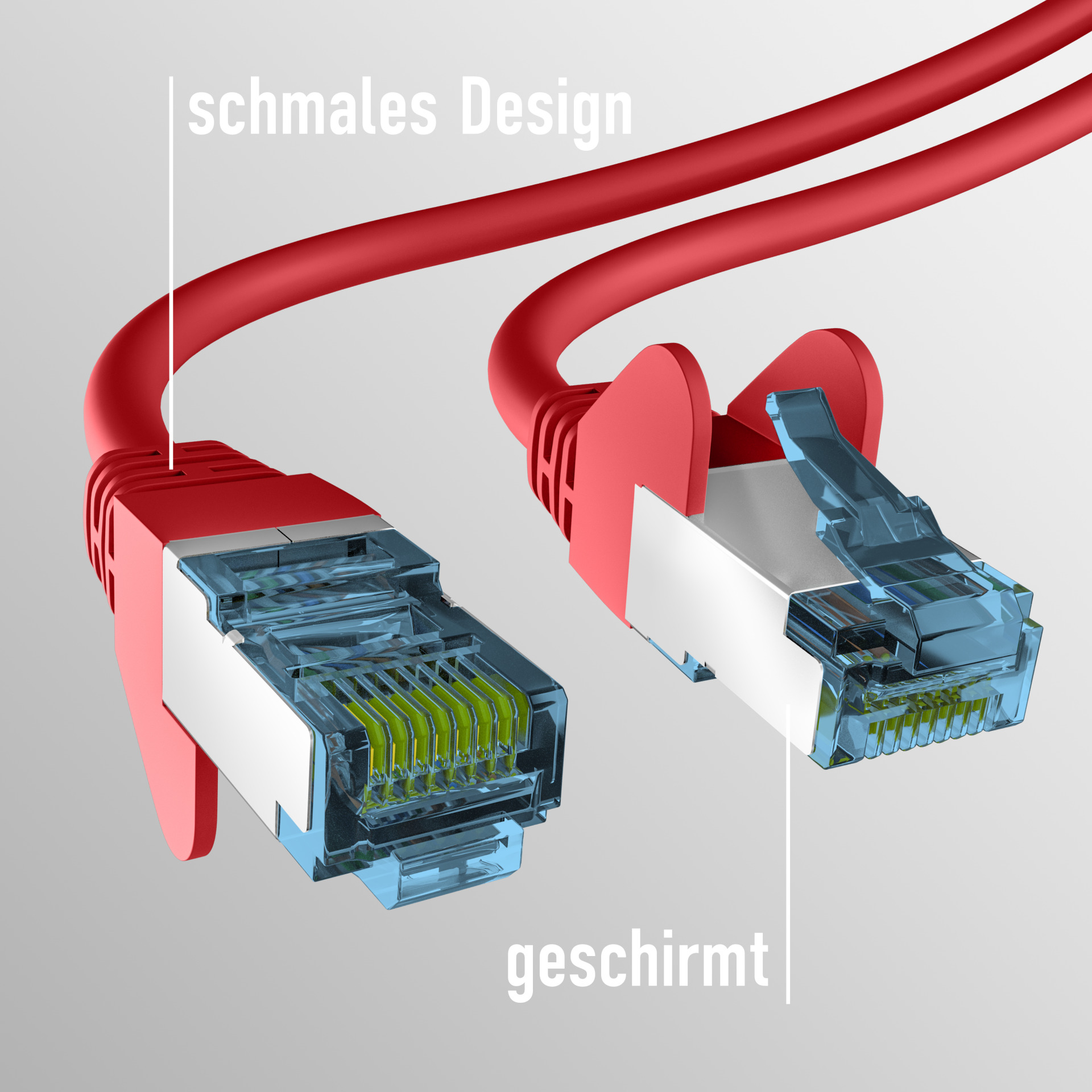 Rotes Ethernet-Kabel, Schnittansicht mit Innenleitungen und Steckern.