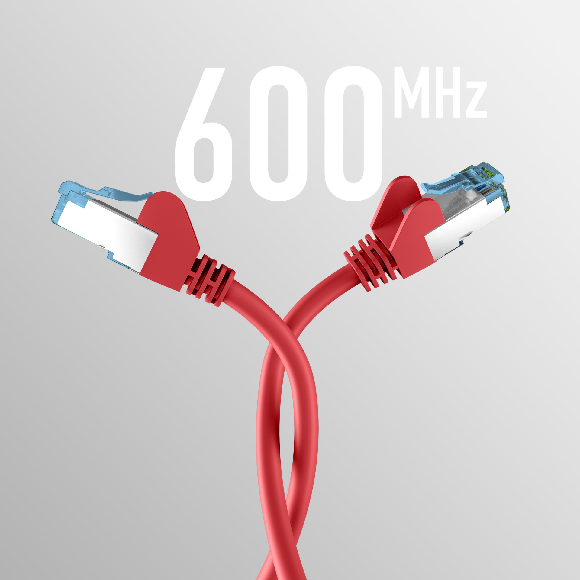 Zwei rote Netzwerkkabel gekreuzt. Der Hintergrund ist grau.