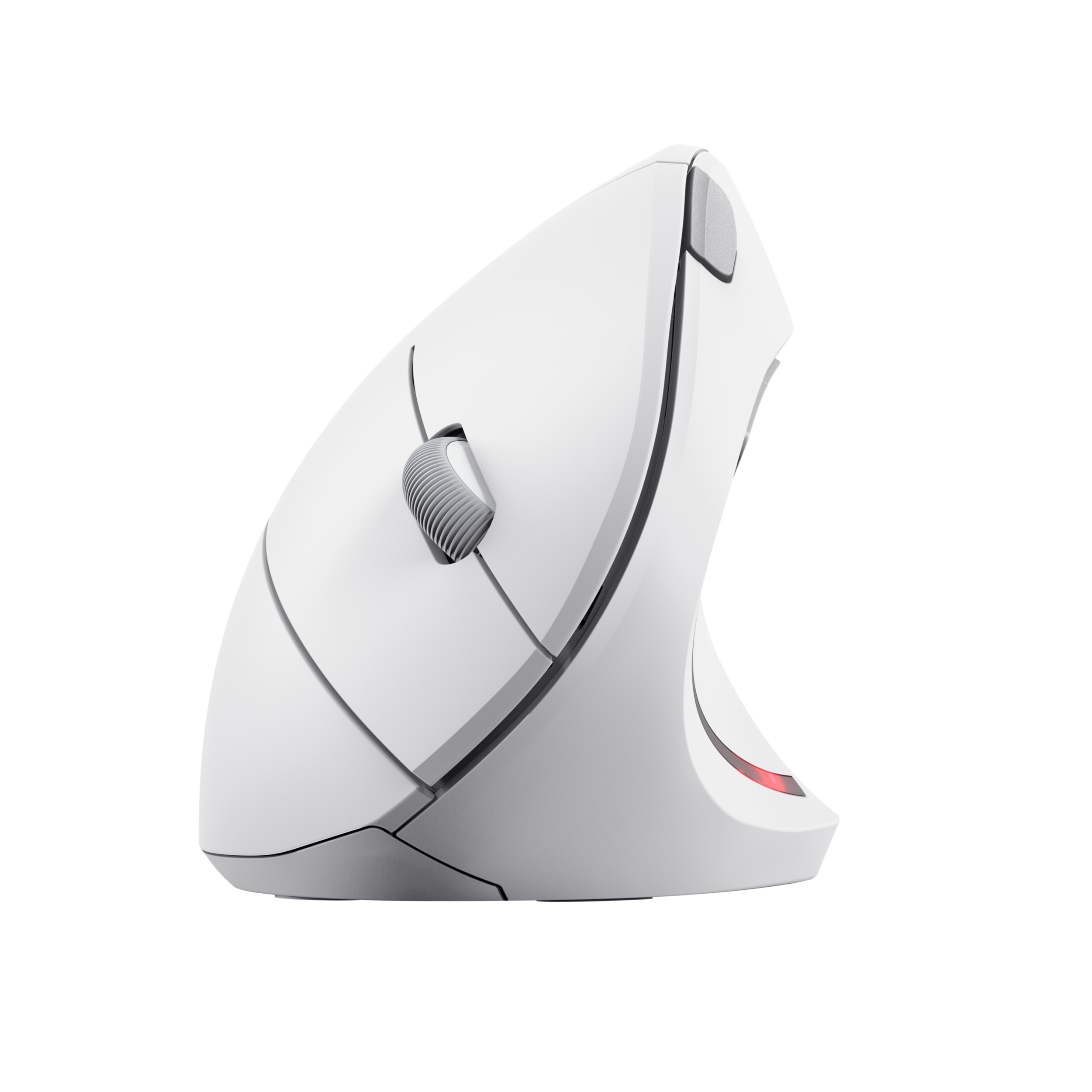 Biała, ergonomiczna mysz. Ma unikalny kształt z kółkiem przewijania z boku.