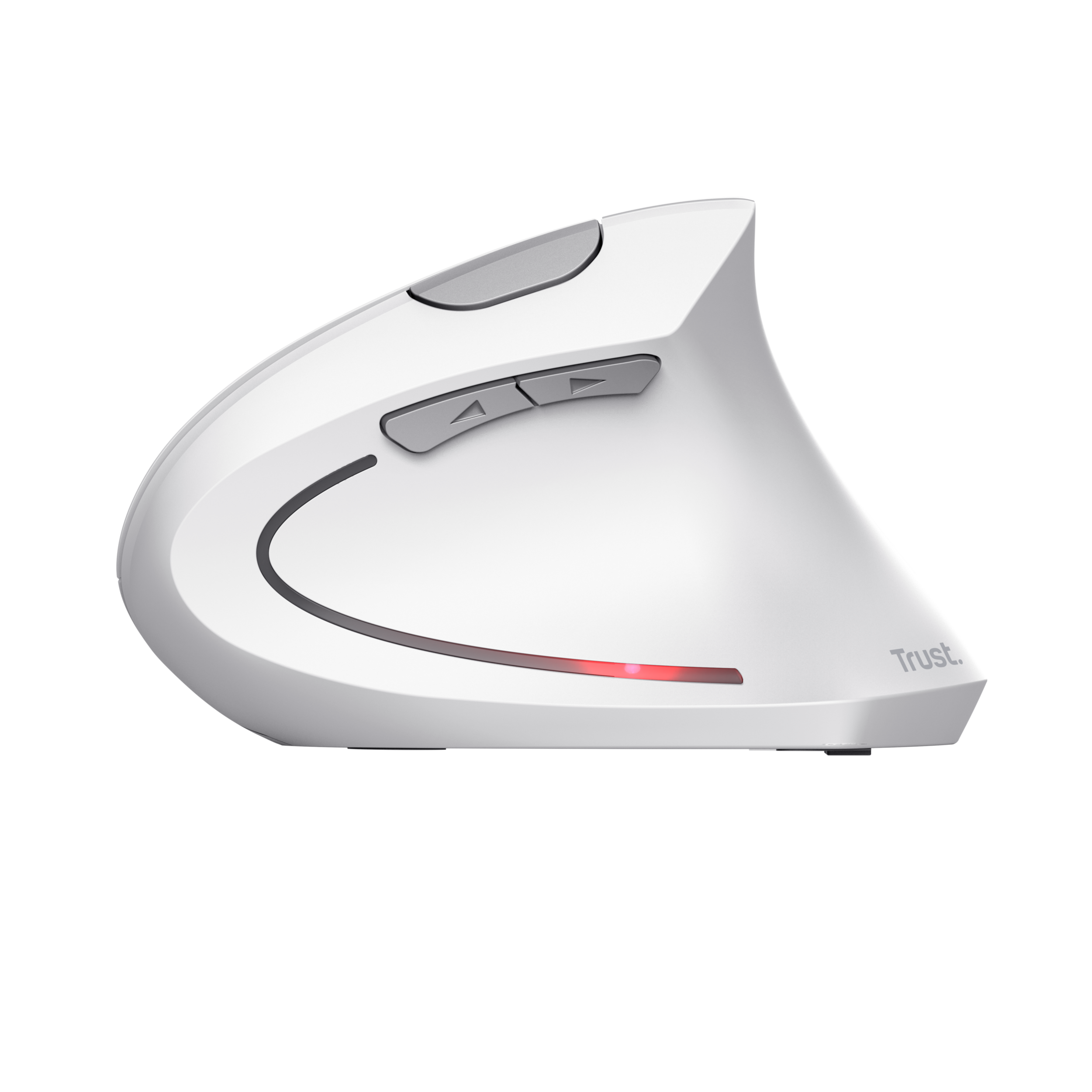 Biała mysz ergonomiczna z szarymi przyciskami i czerwonym światłem na czarnym tle.