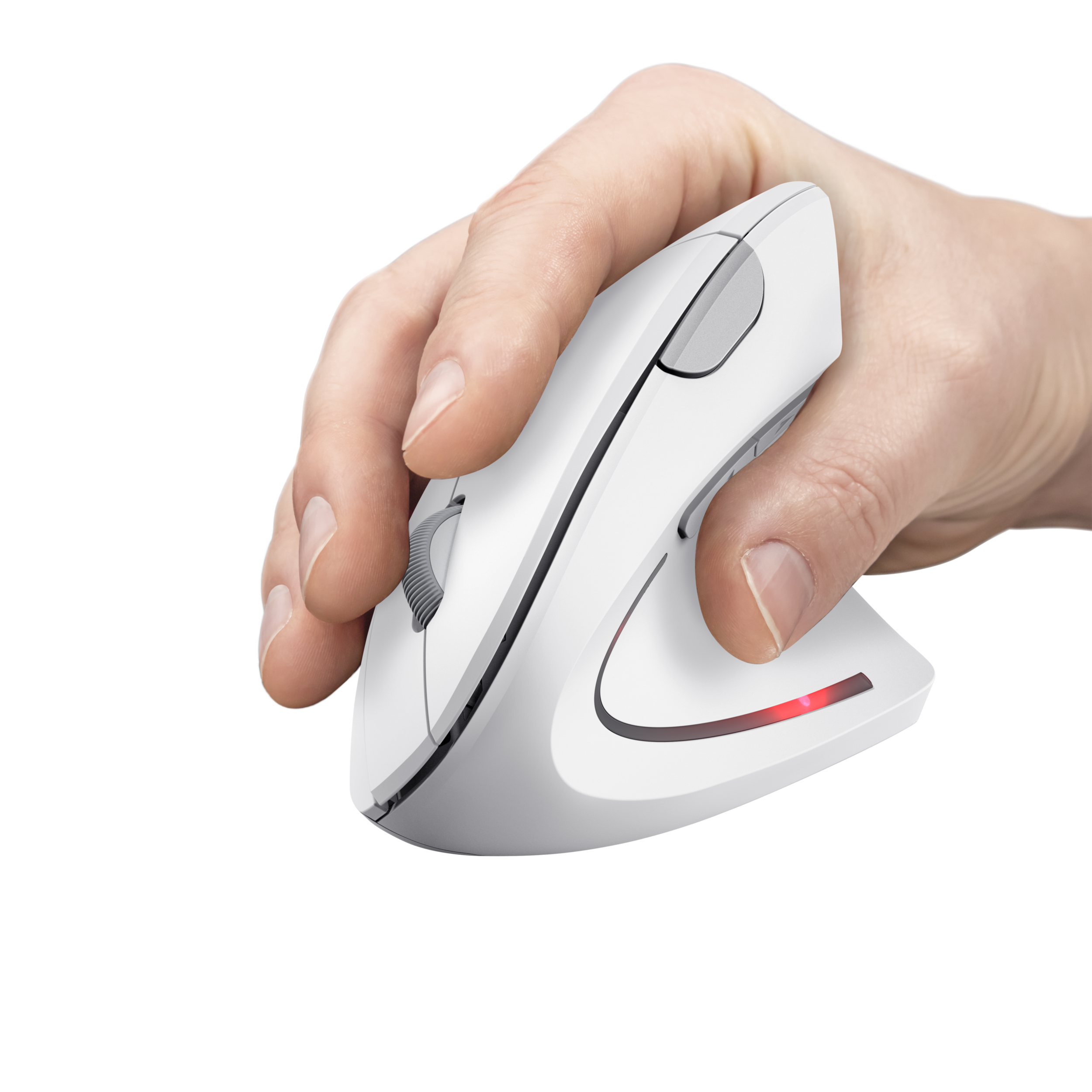 Biała ergonomiczna mysz trzymana w dłoni, z czerwonym światłem u podstawy.