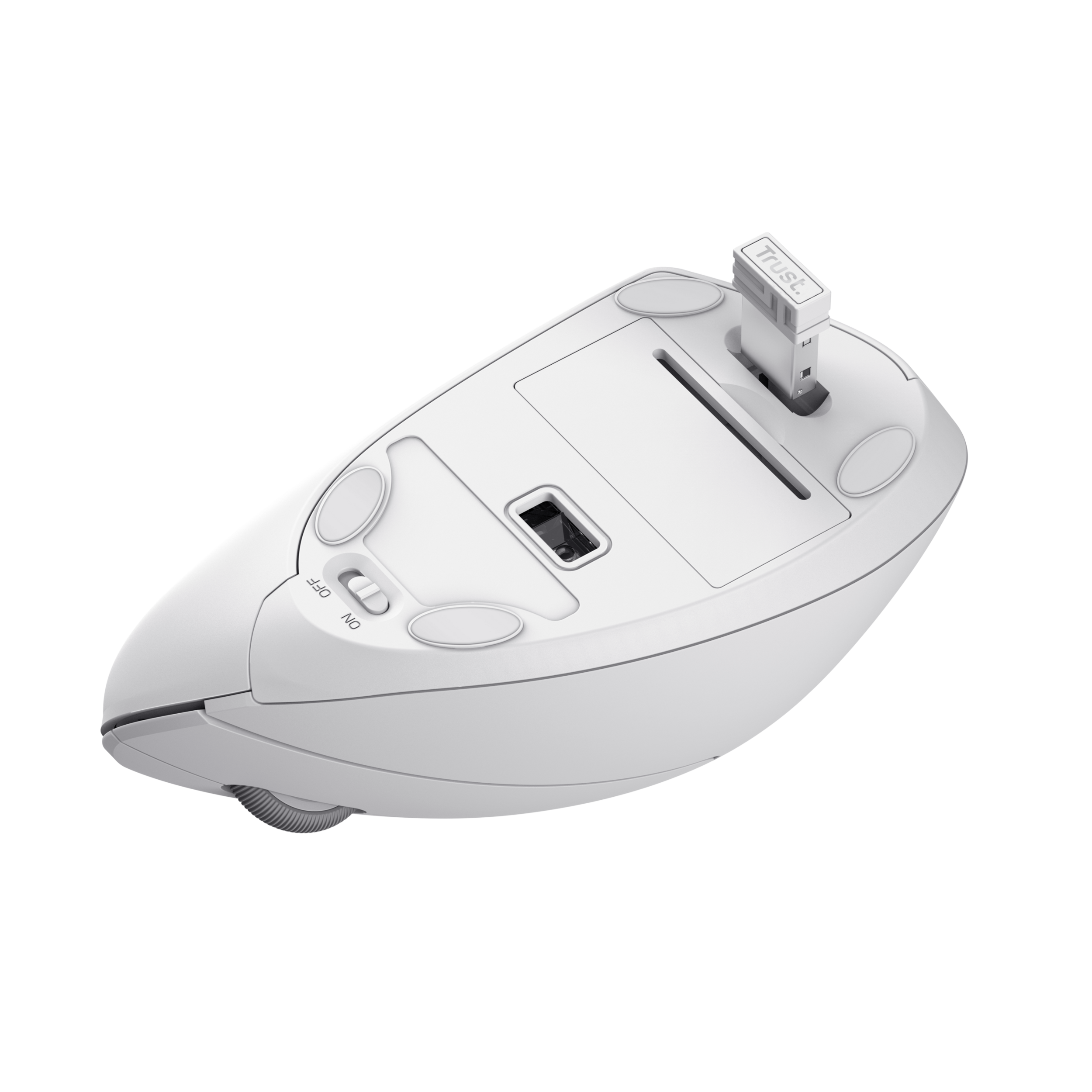 Biała mysz komputerowa. Pokazuje górę z przyciskami i dół z odbiornikiem USB.