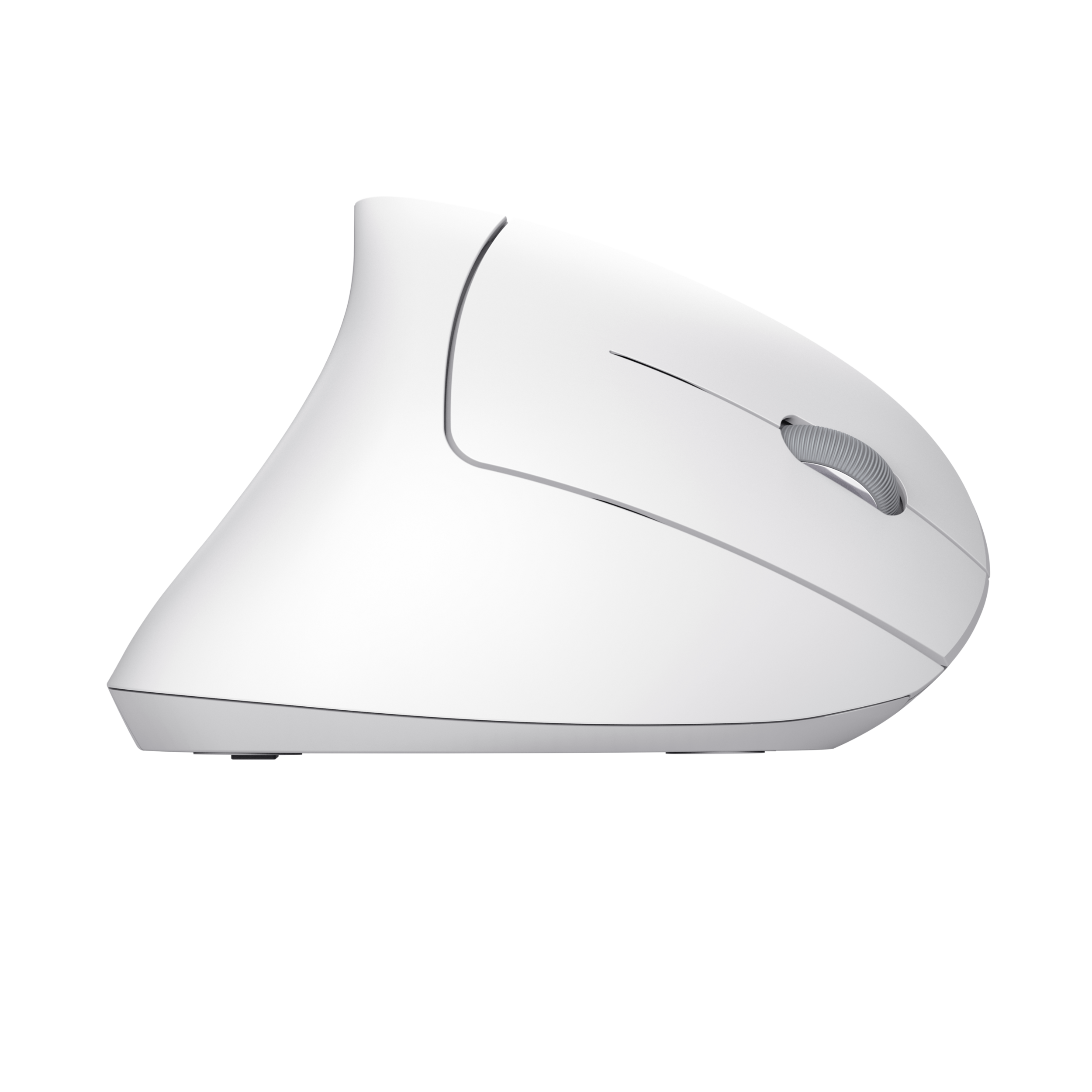 Biała pionowa mysz ergonomiczna na czarnym tle, widok z boku.