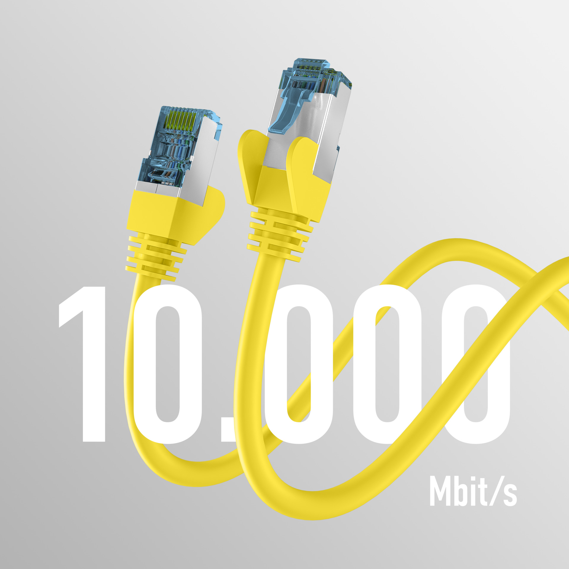 Gelbe Ethernet-Kabel mit weißem Text: 10.000 Mbit/s.