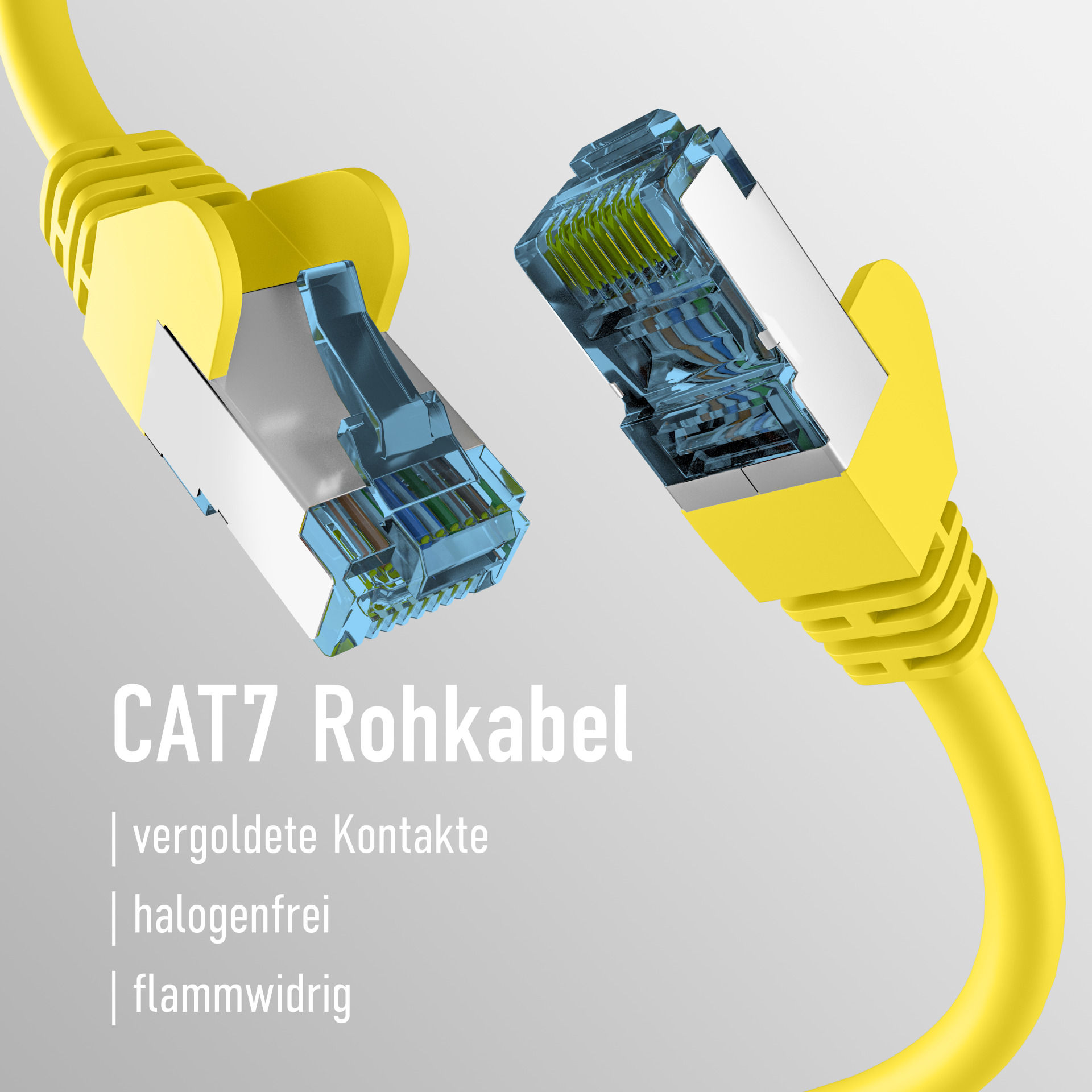 Gelbes Ethernet-Kabel mit silbernen Enden. CAT7 Rohkabel Text.