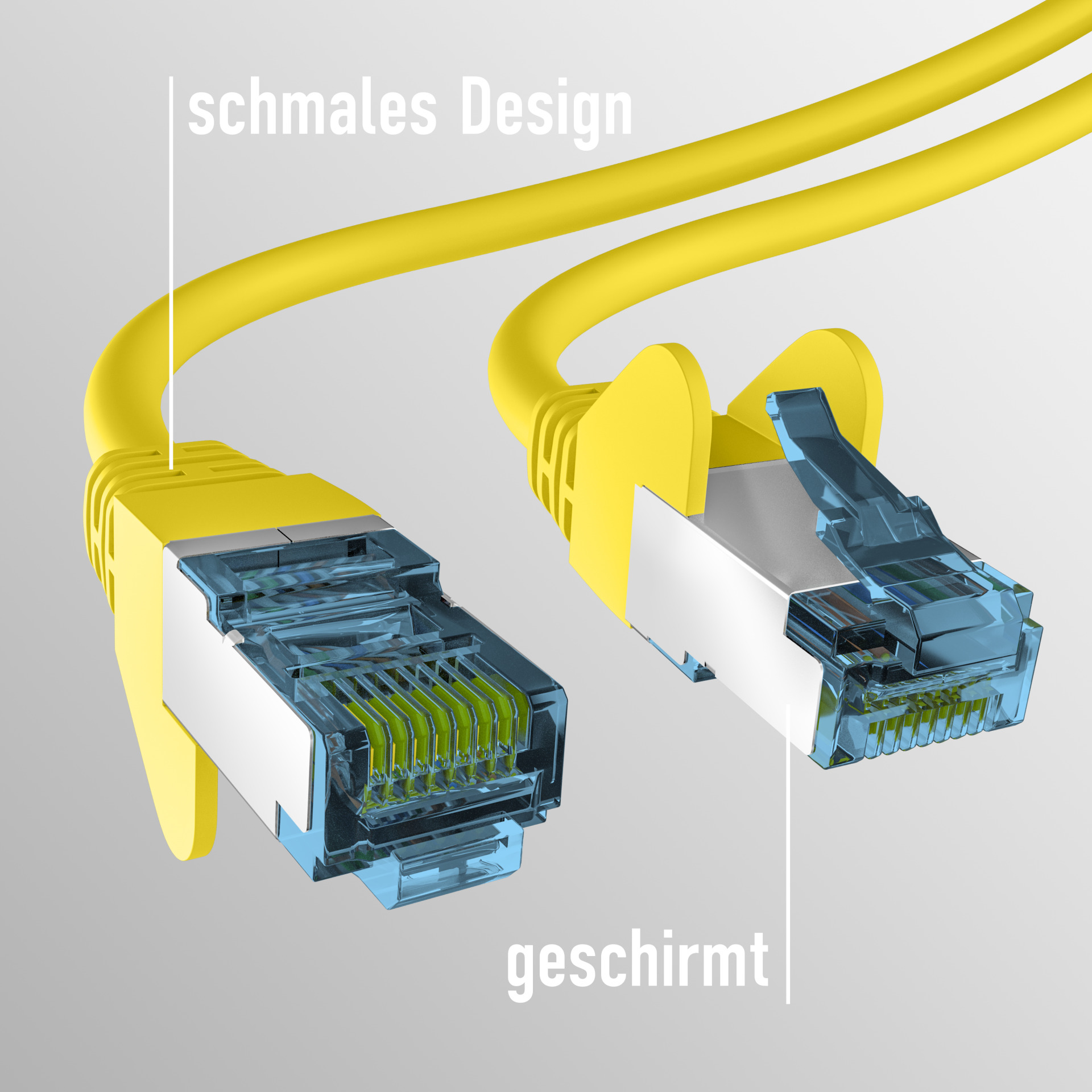 Gelbes Ethernet-Kabel mit zwei RJ45-Steckern. Ein Ende ist offen, um interne Drähte zu zeigen. Aufschriften: 'geschirmt', 'schmales Design'.