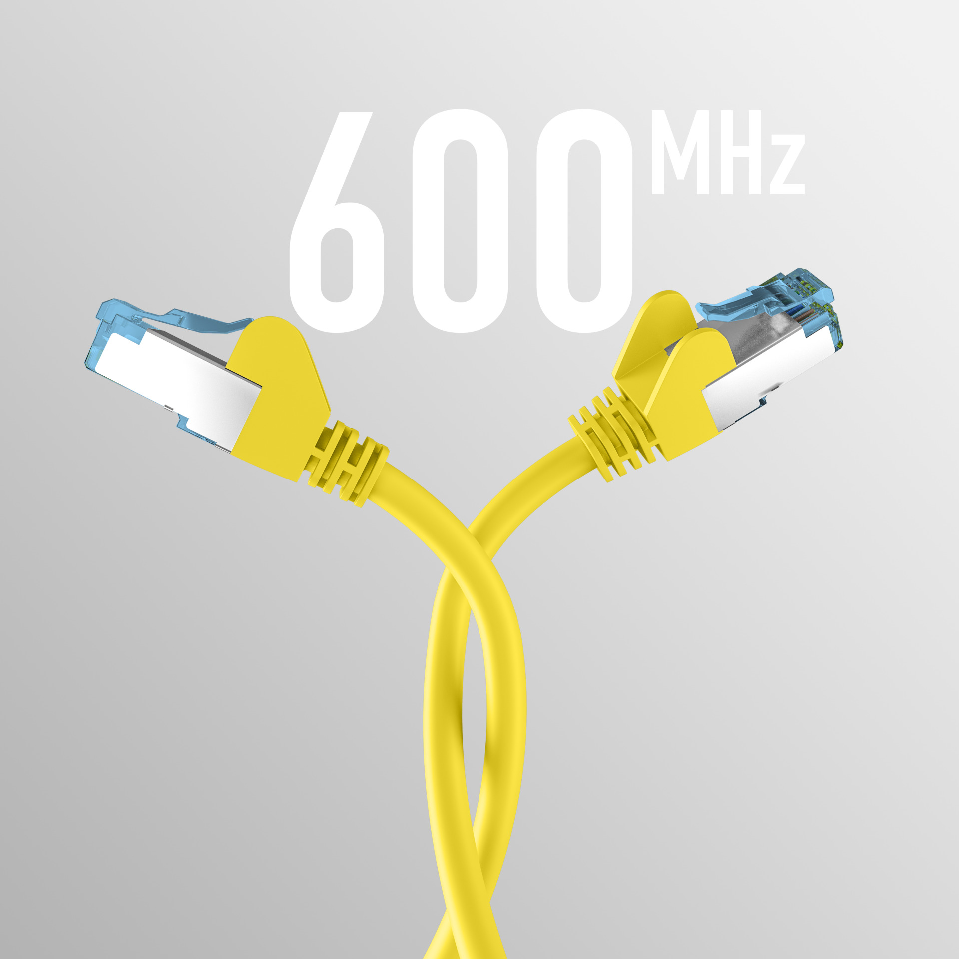 Zwei gelbe Ethernet-Kabel kreuzen sich, mit 600 MHz Text im Hintergrund.
