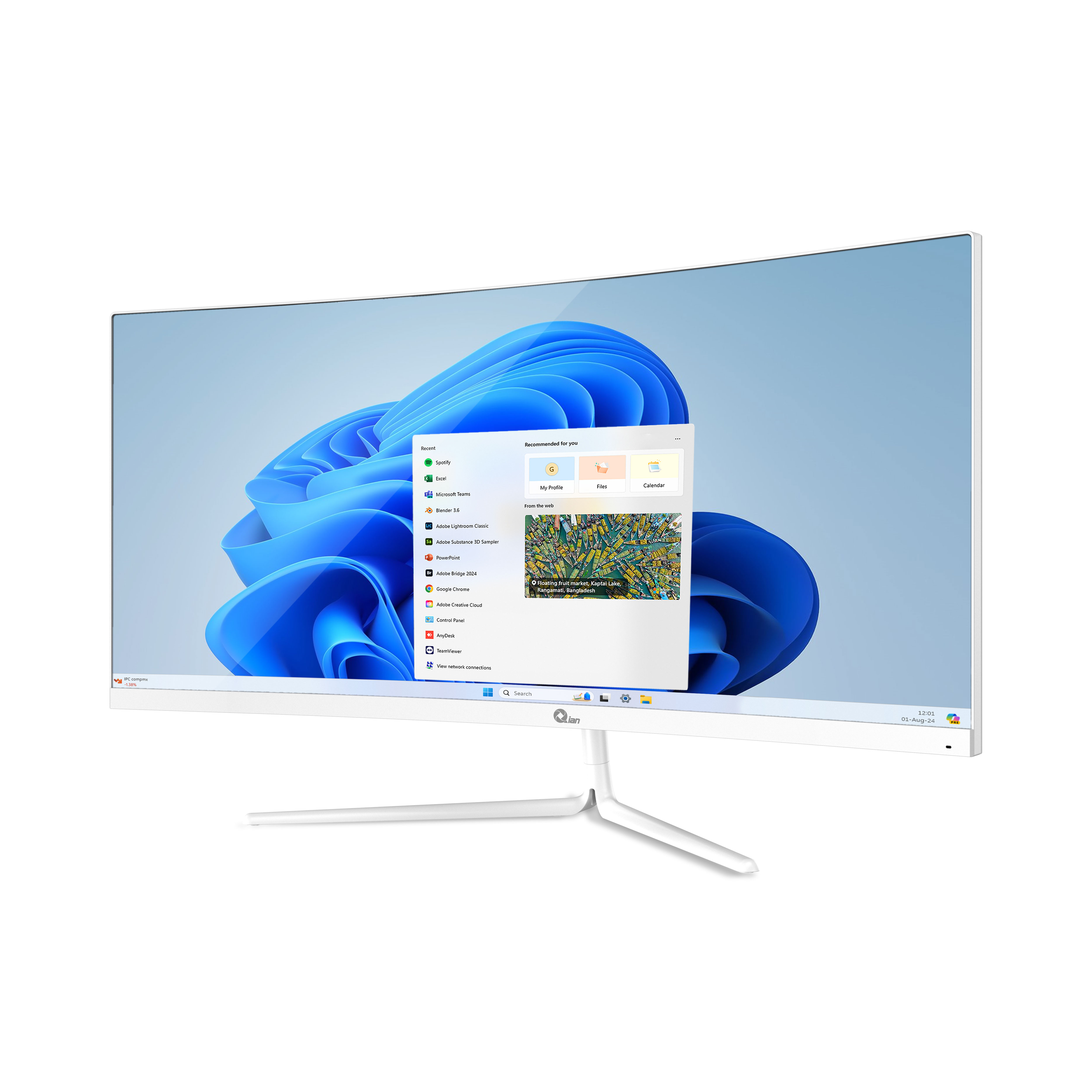 Un monitor de computadora blanco curvo que muestra una interfaz de Windows 11.