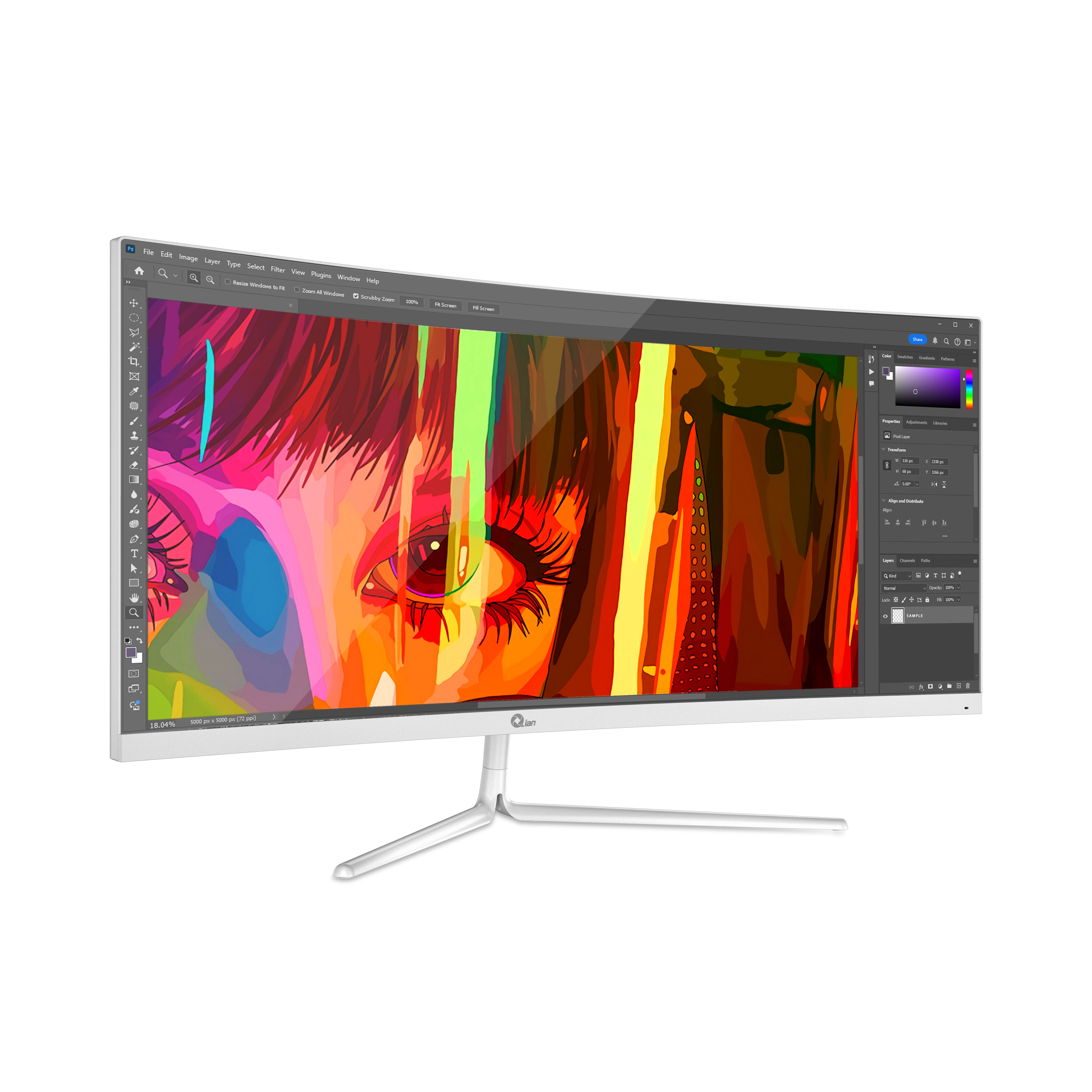 Monitor de computadora blanco con pantalla ancha que muestra un diseño creativo.