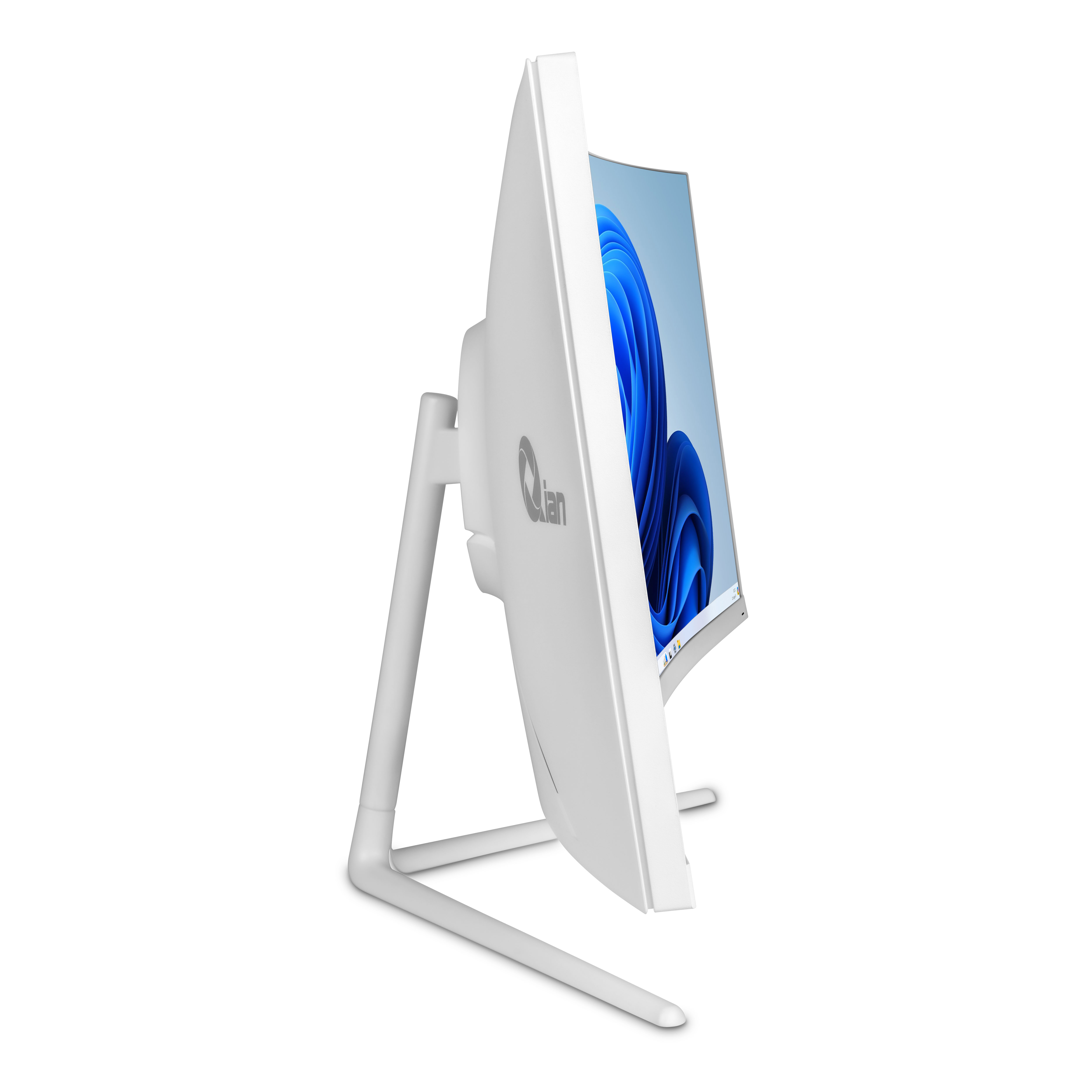 Monitor de computadora blanco curvado, vista en ángulo. La pantalla muestra una imagen azul.