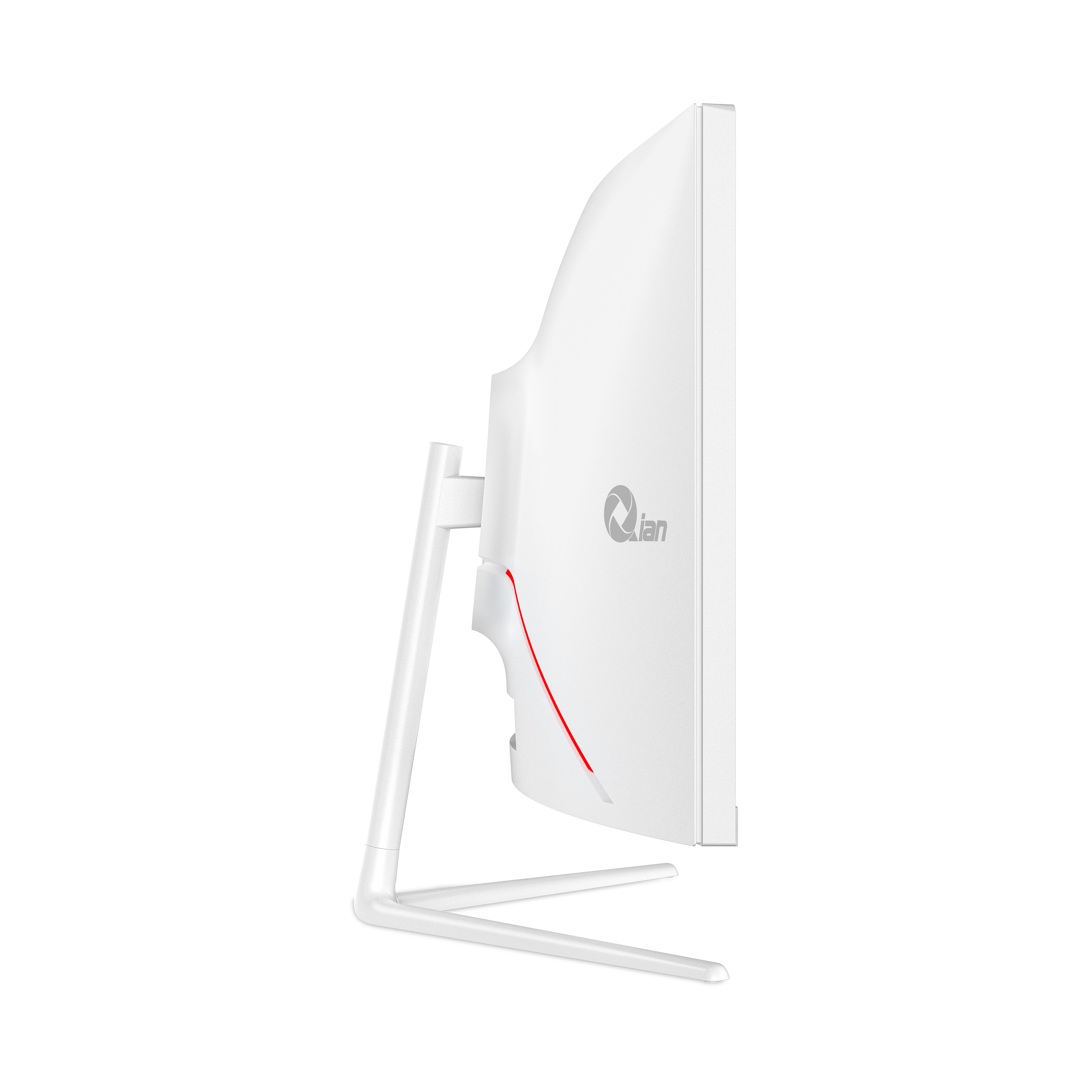 Monitor blanco curvo, vista lateral. Acento rojo en la parte trasera. Soporte blanco. Fondo limpio.
