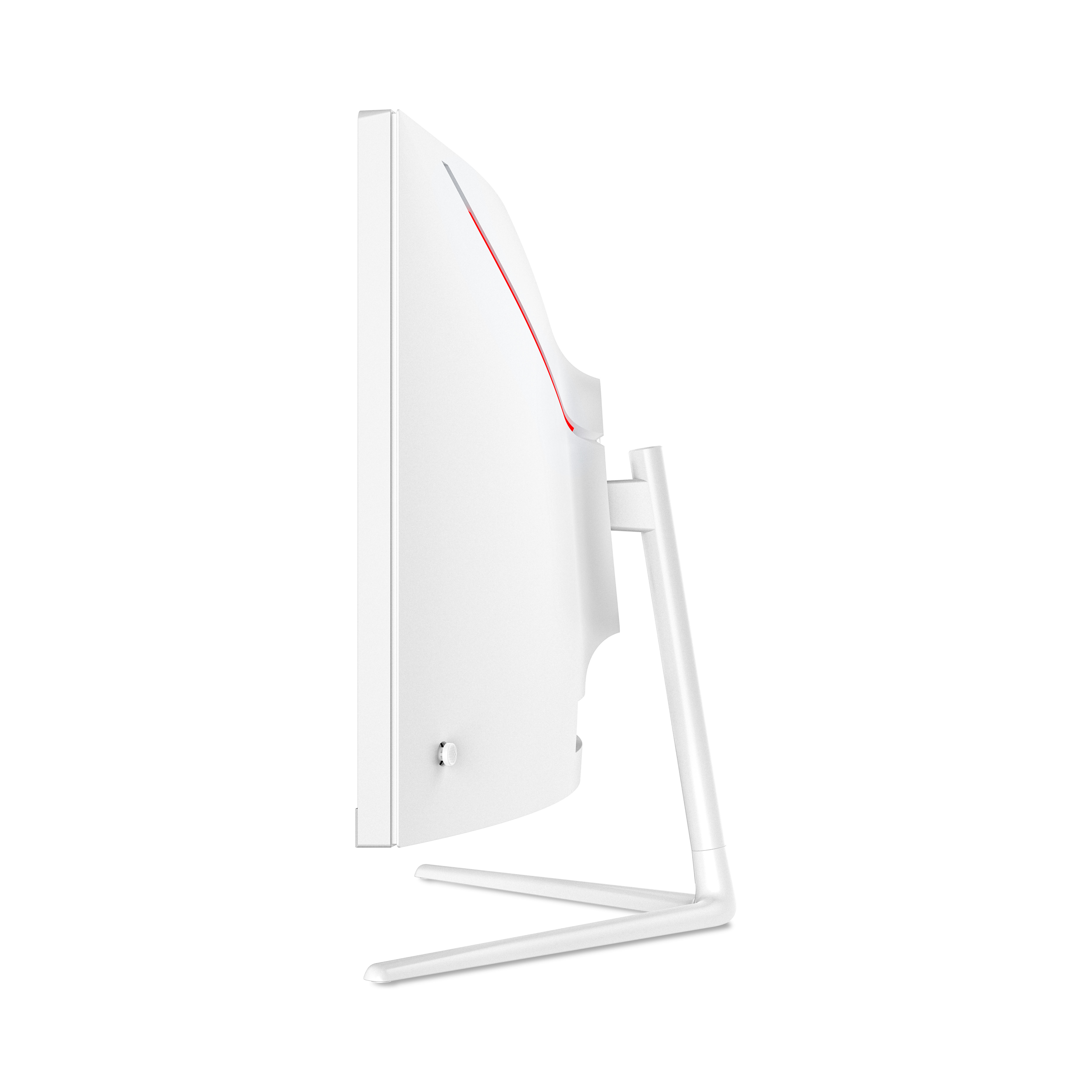 Monitor curvo blanco con diseño rojo en la parte trasera, soporte blanco, vista lateral.