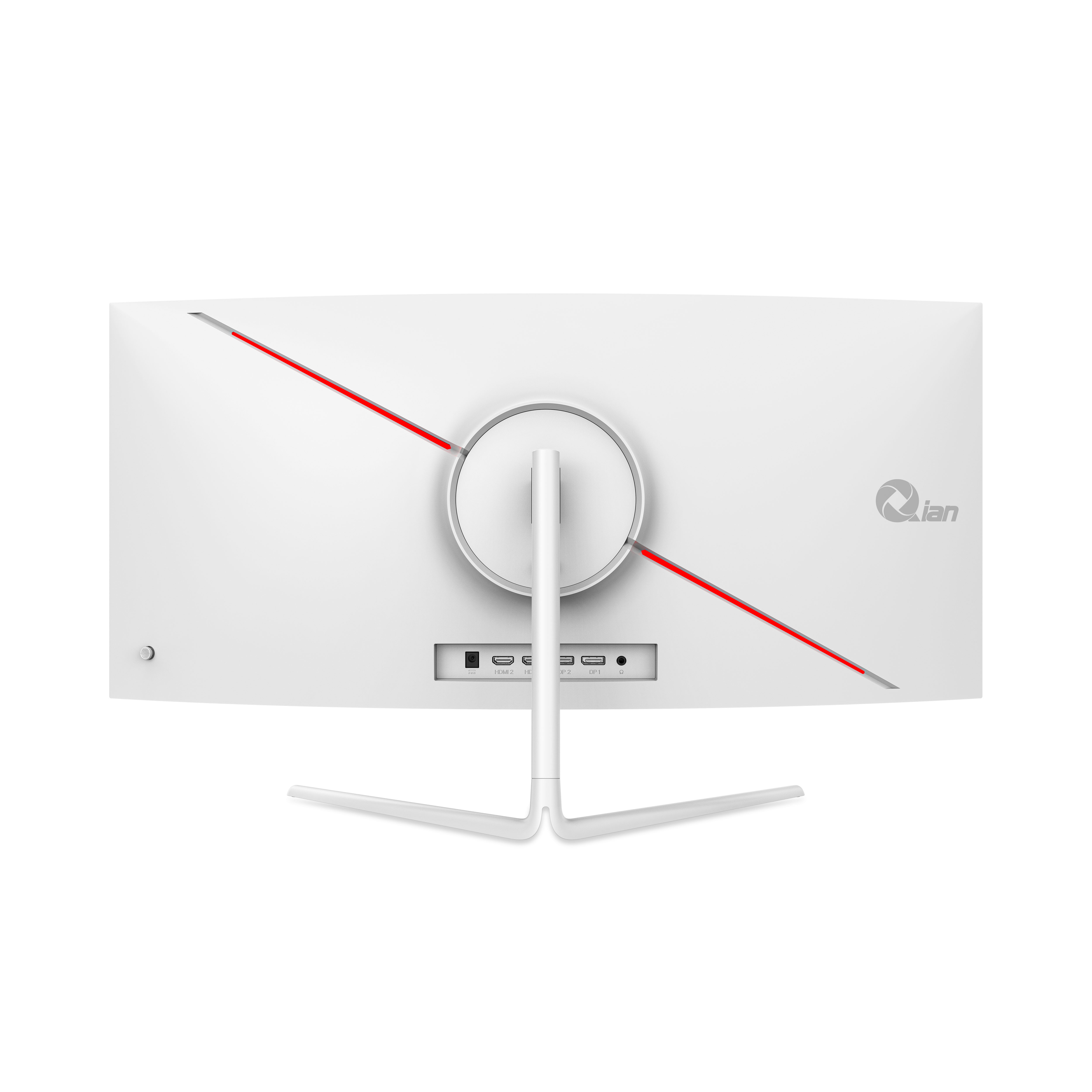 Parte trasera de un monitor curvo blanco con detalles rojos y el logo Lian.