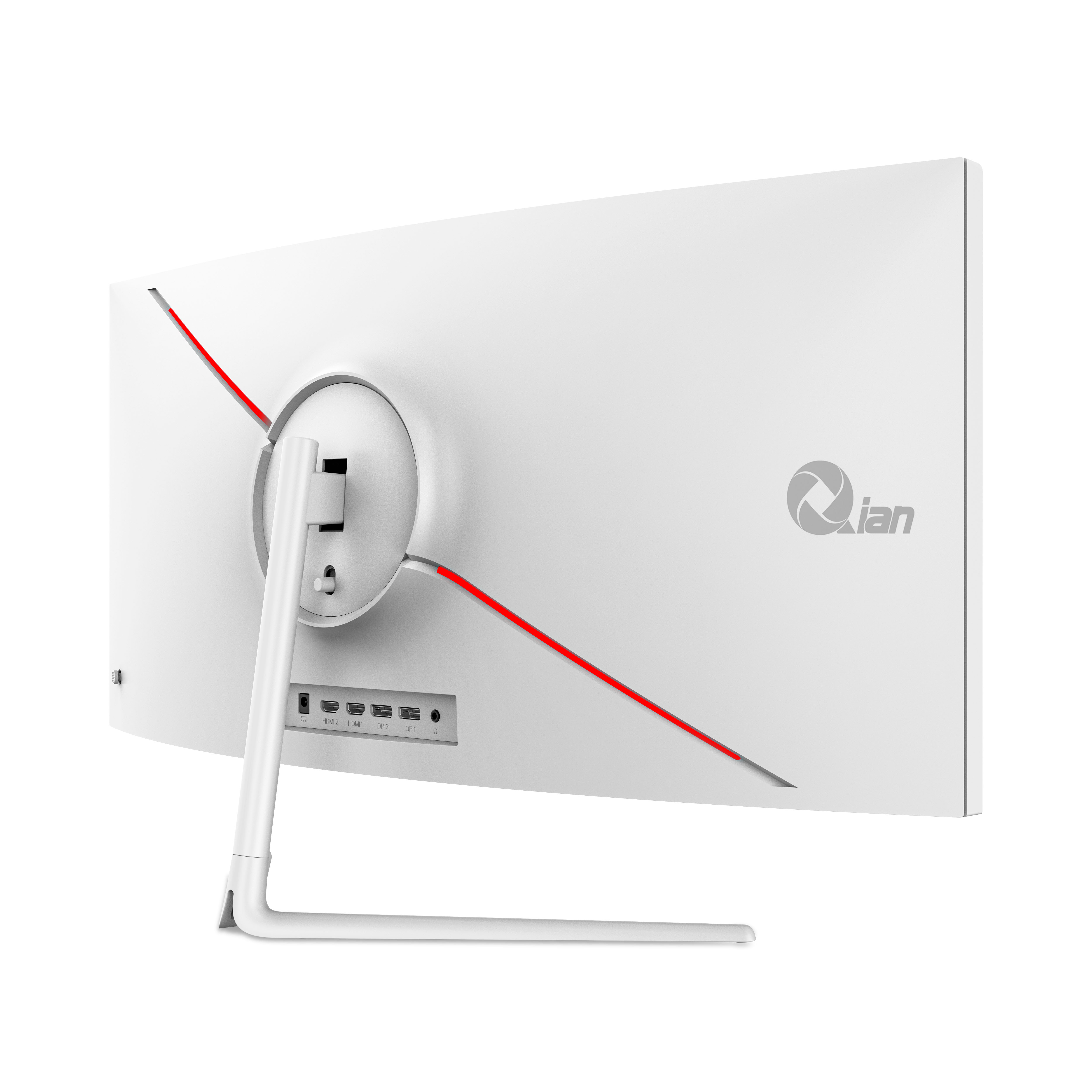 Parte trasera de un monitor curvo blanco con detalles rojos. Fondo blanco.