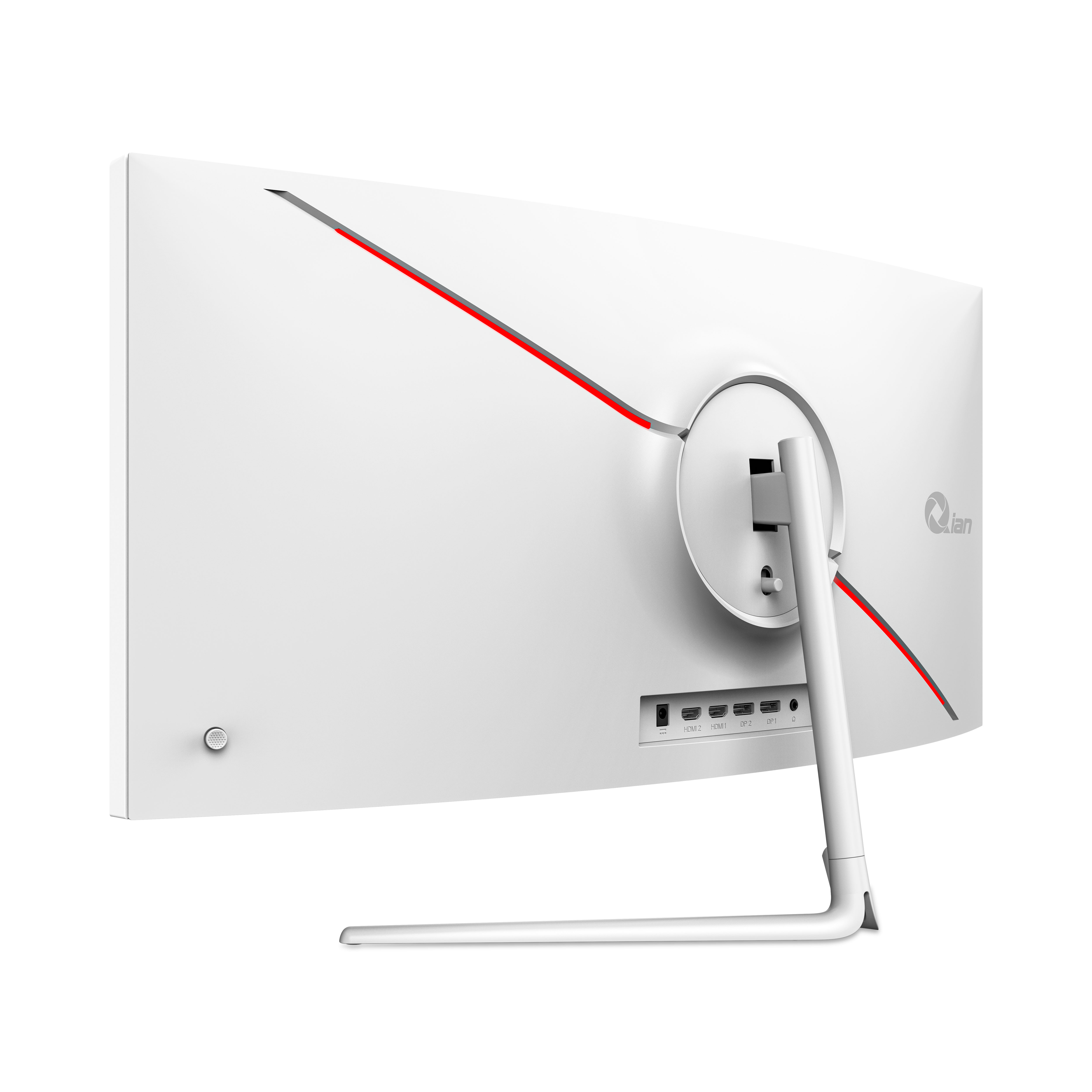 Parte trasera de monitor blanco curvado con detalles rojos. Soporte adjunto. Aislado en blanco.