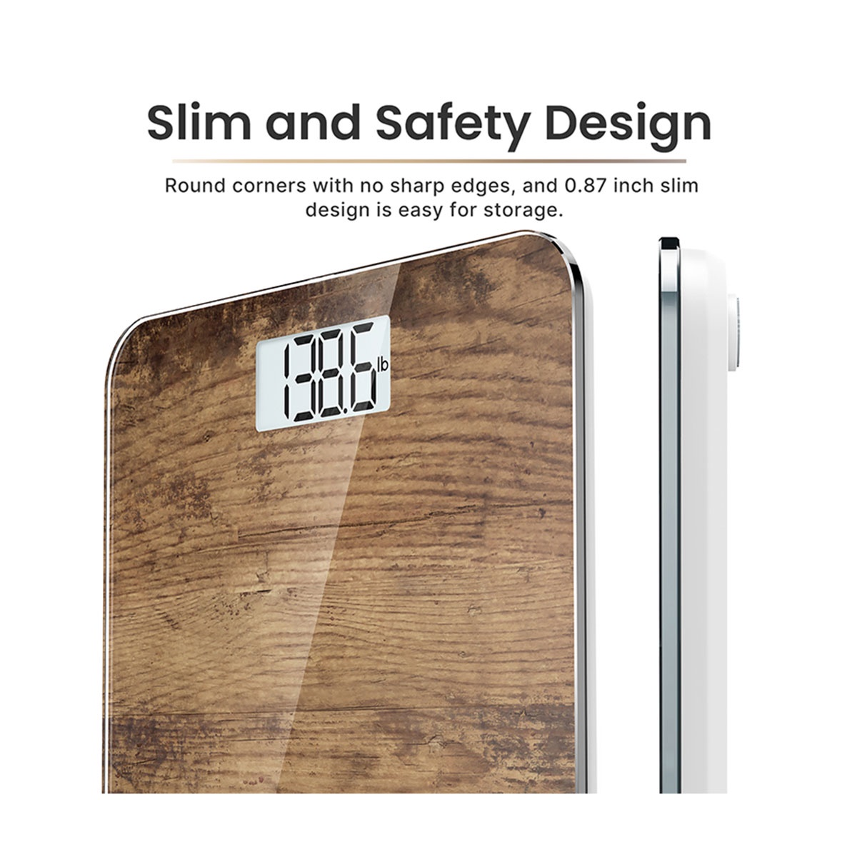 Digitale Badezimmerwaage, Holzmaserung, Gewicht 136,6 lb. Text: Schlankes und sicheres Design.