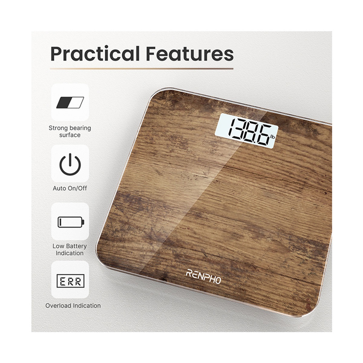 Digitale Badezimmerwaage mit Gewichtsanzeige. Holzstruktur. Knöpfe und Symbole, weißer Hintergrund.