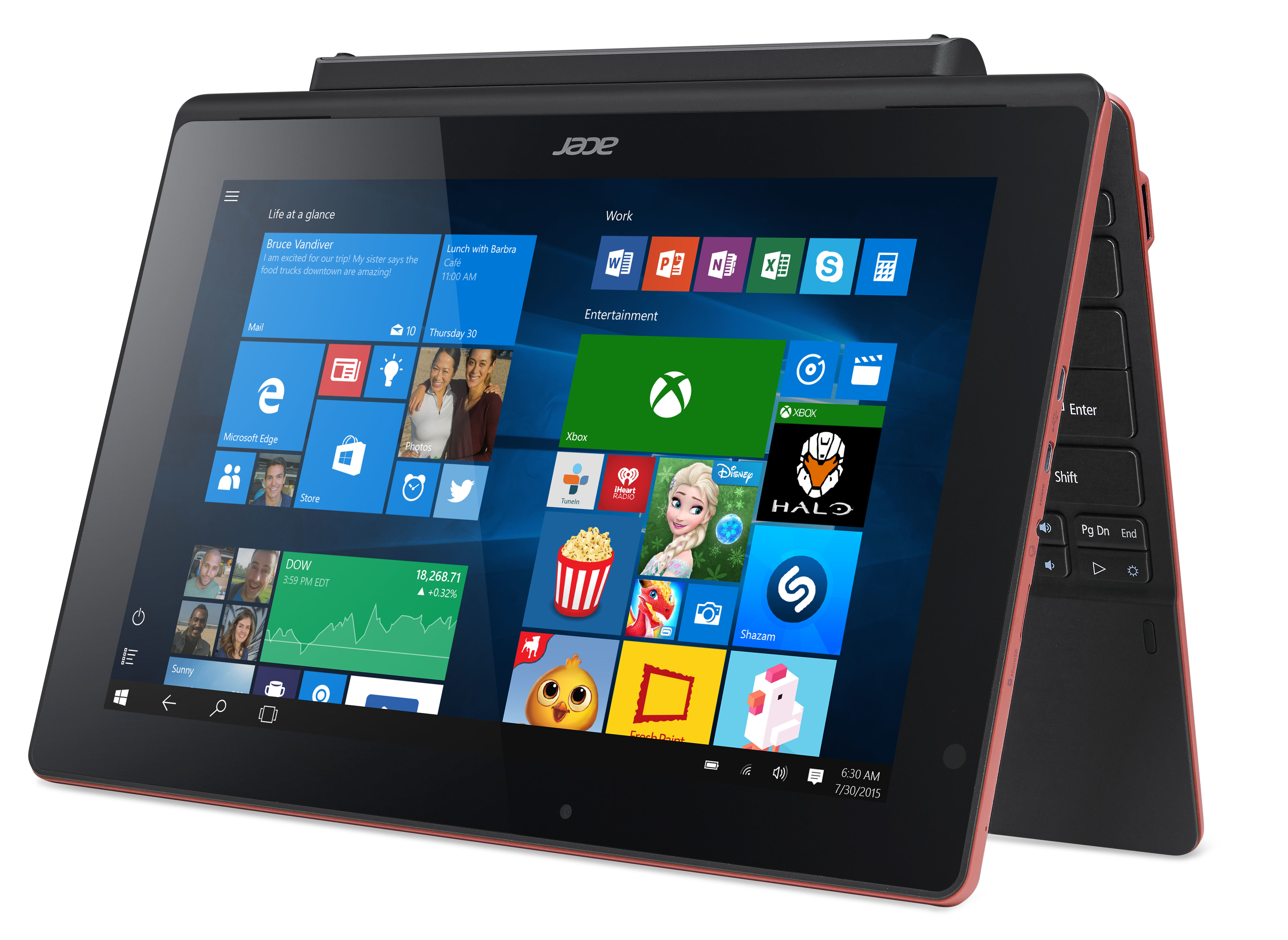 Acer Tablet mit roter Tastatur. Windows 10 Bildschirm mit Apps.