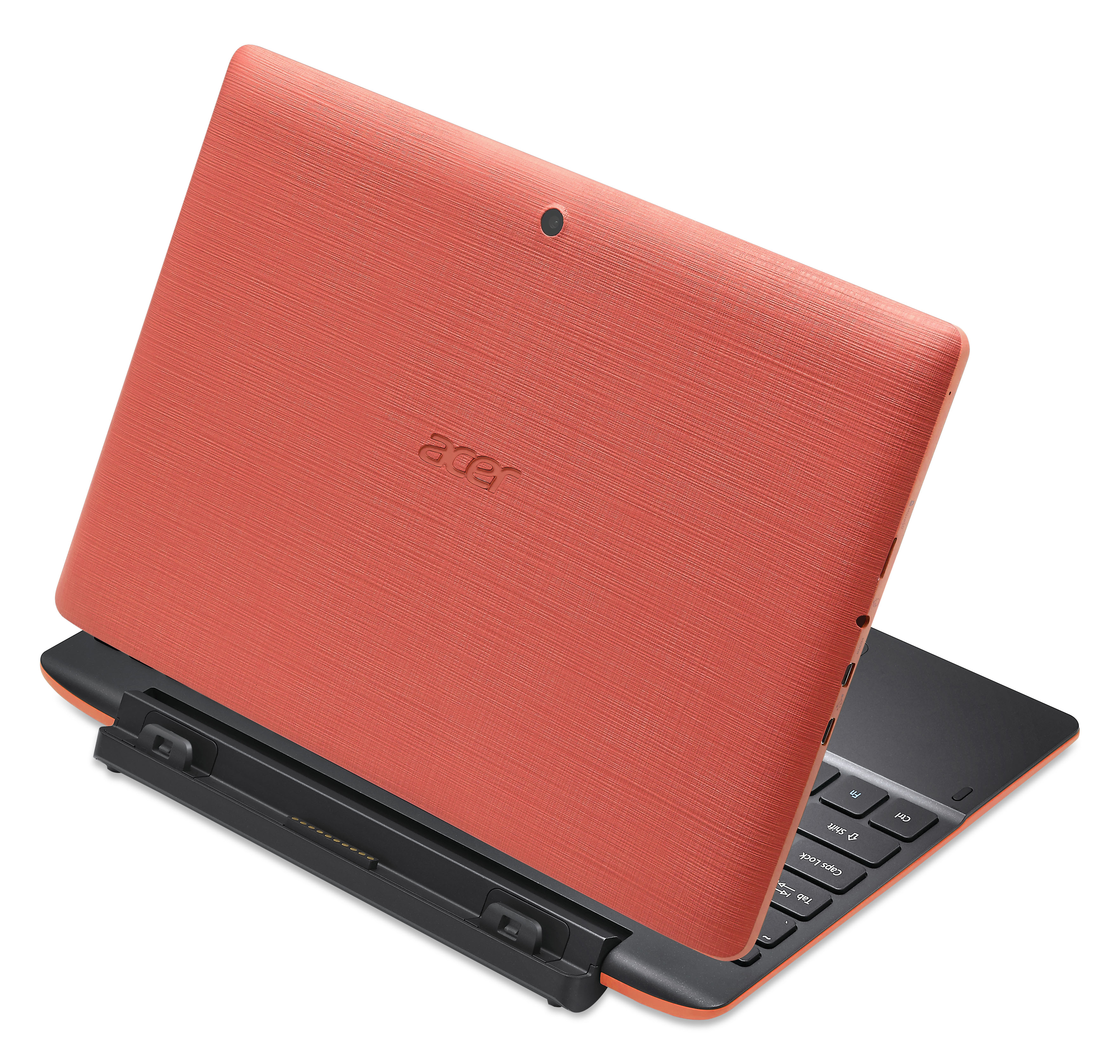 Oranges Acer Tablet, mit schwarzer Tastatur verbunden. Tablet ist geneigt.